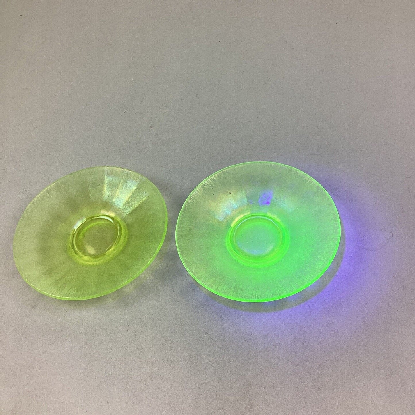 Set Of 2 Iridescent Uranium Glass Plate/Saucer Yellow Green Glows - 6.25”
