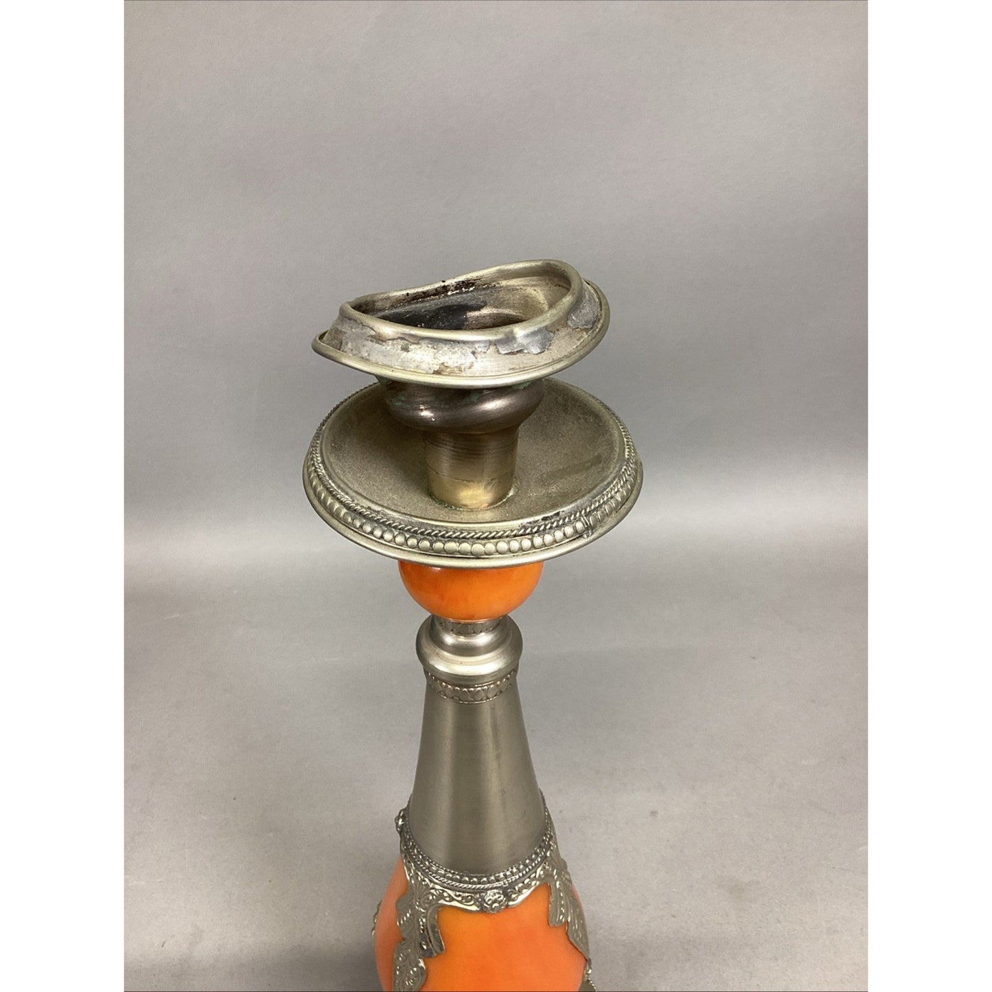 VINTAGE ORNATE Orange METAL/Bakelite CANDLESTICK CANDLE HOLDER - 13.5”H