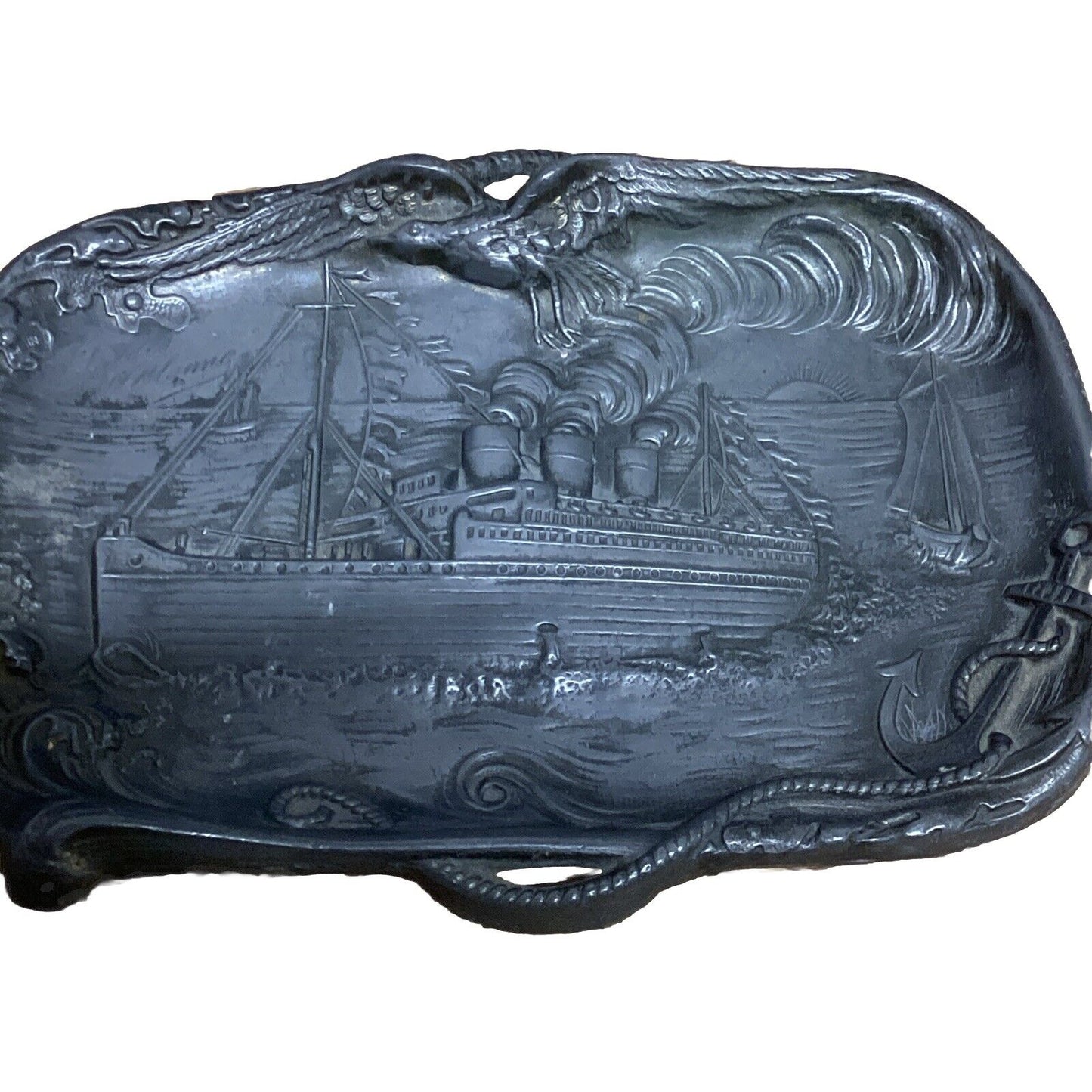 Antique Pewter Steamship Embossed Decorative Ashtray - 6x4”