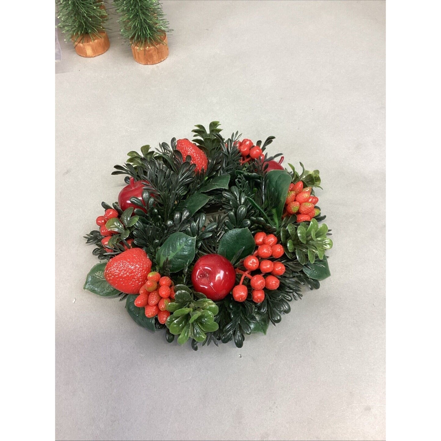 Lot Of 18 - Christmas Wreath, 5 Mini Trees, 2 Centerpieces & Strawberry Ornamen