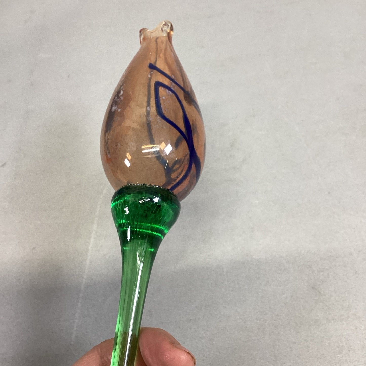 Handblown Peach Blue Green Glass Flower And Stem - 23”L