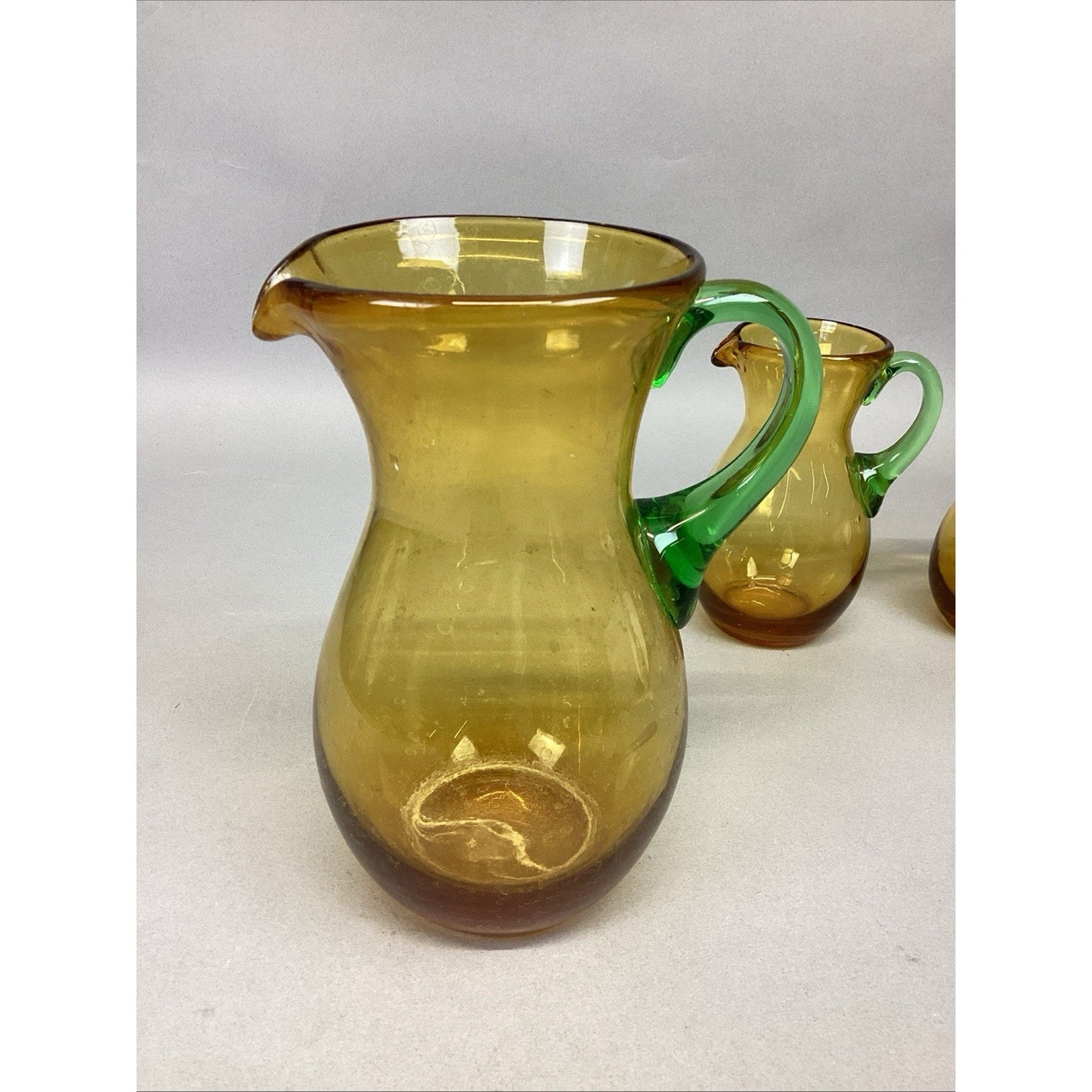 Set Of 3 Art Bubble Glass Hand Blown Pitcher W/ Amber Green Attached Handle