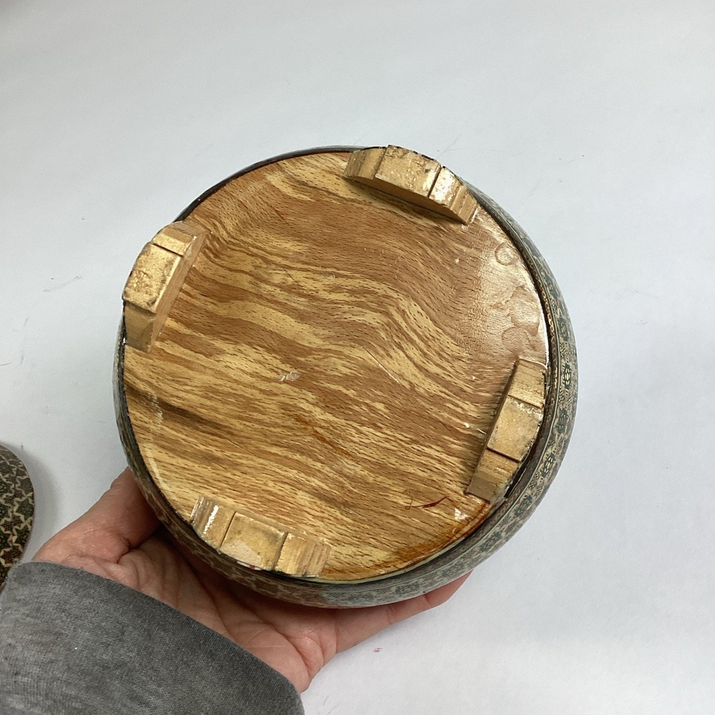 Antique Anglo Indian Micro Mosiac Inlaid Round Trinket Box