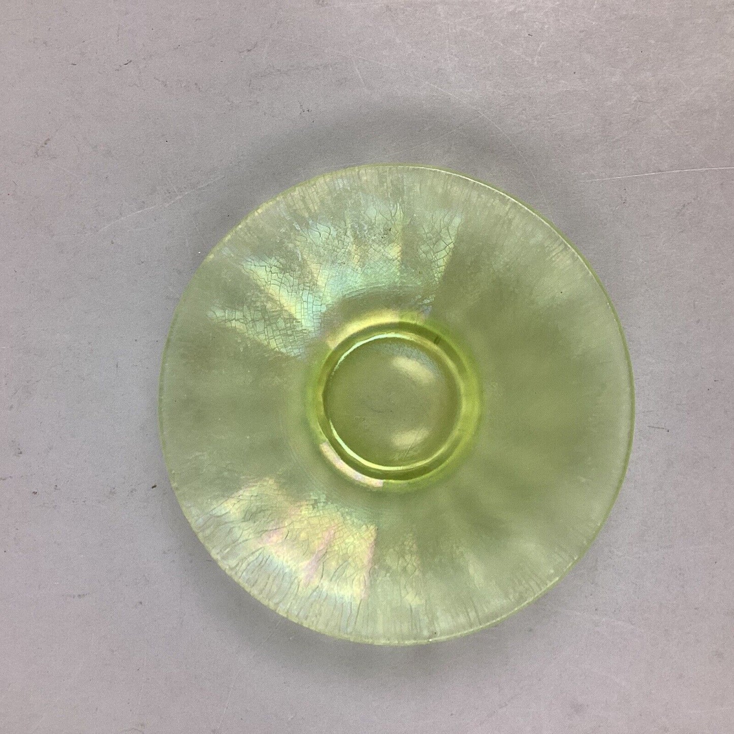 Set Of 2 Iridescent Uranium Glass Plate/Saucer Yellow Green Glows - 6.25”