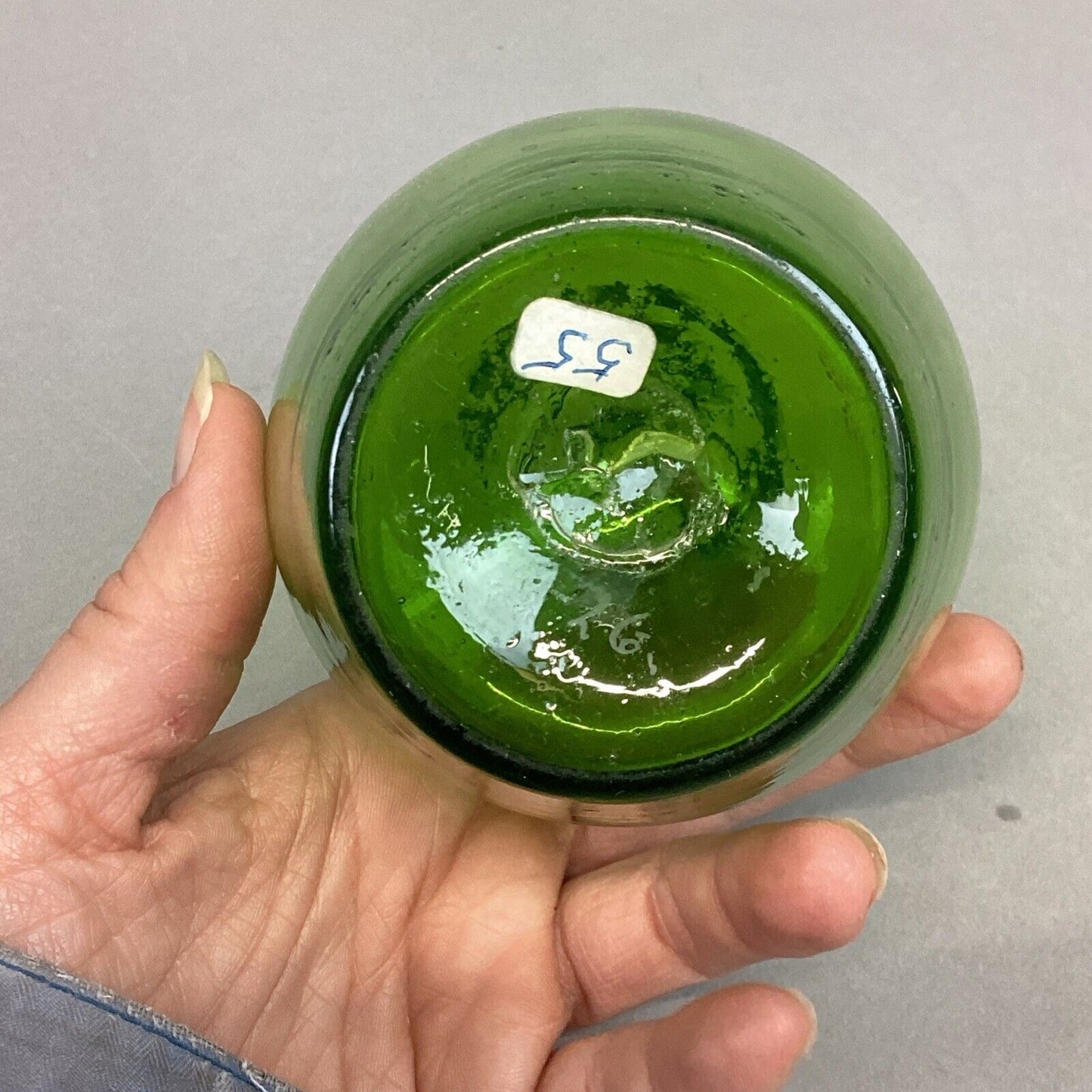 Green Glass Vase With Hand Painted Flowers - 6.75”