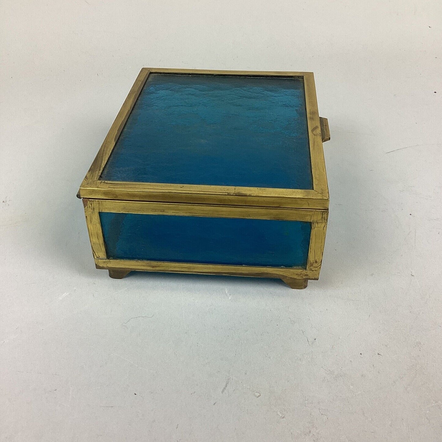 Vintage Blue Etched Glass With Gold Trim Jewelry Box Trinket Box