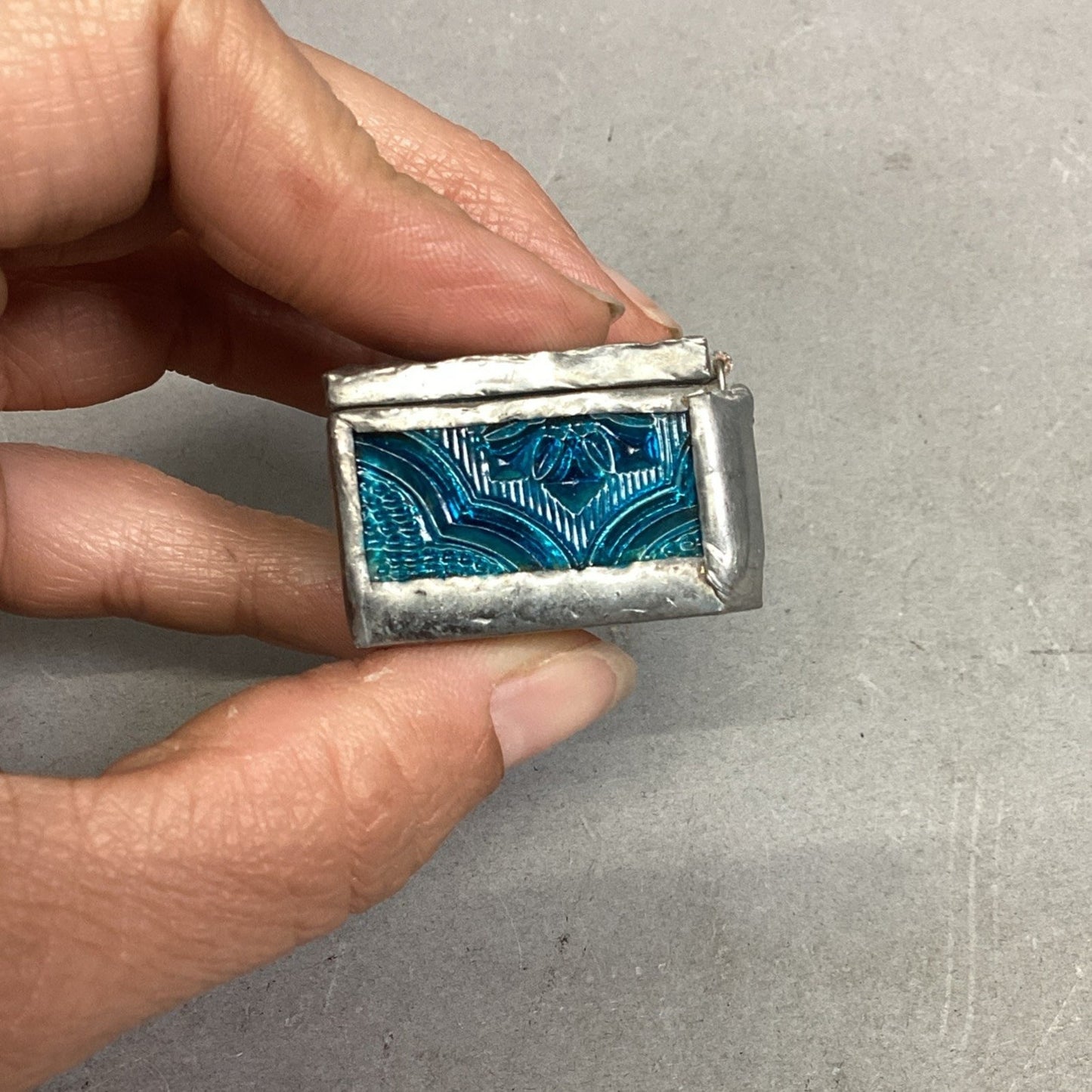 Vintage Handmade Blue Floral Stained Glass Trinket Box - 1.25”D - Indonesia