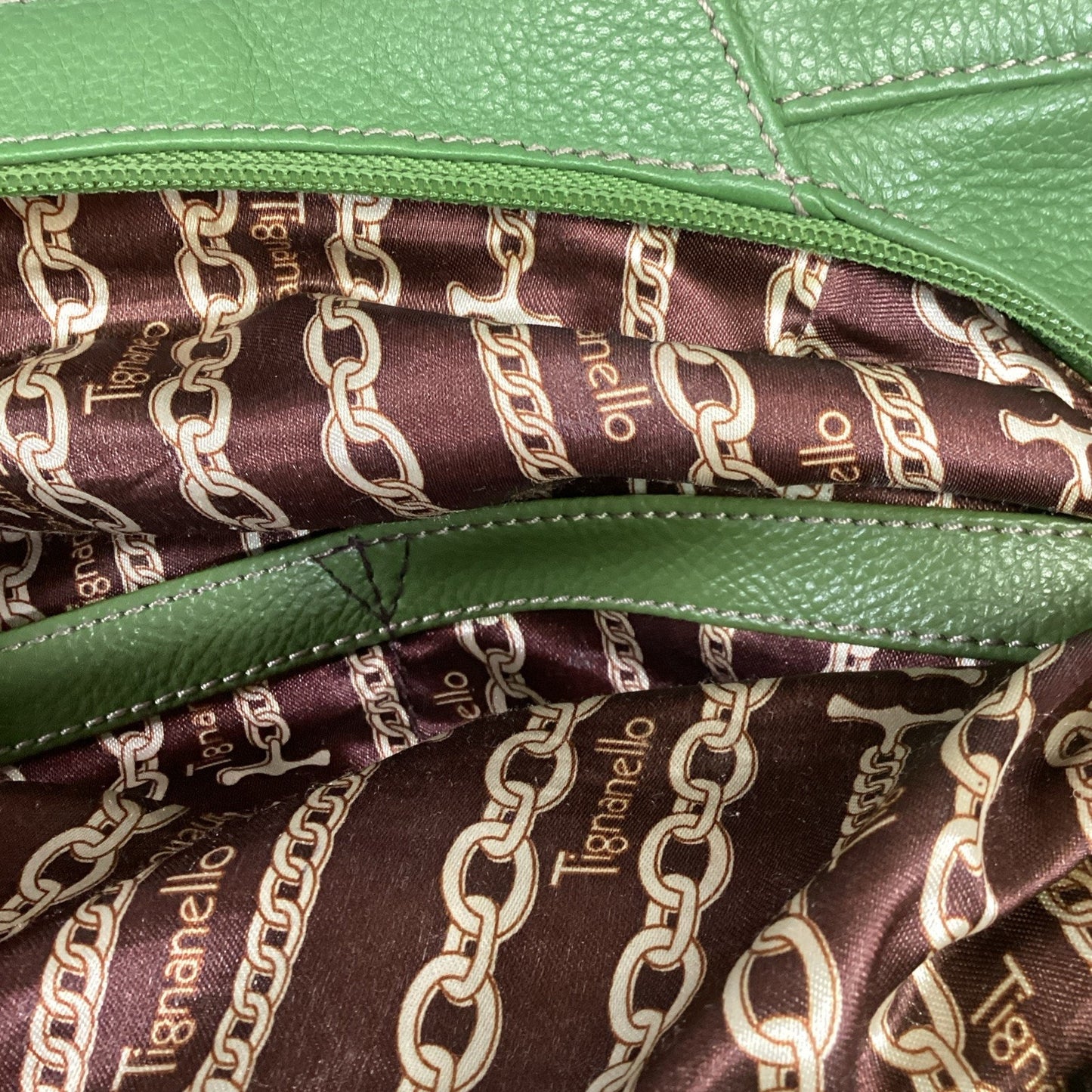 TIGNANELLO Double Handle Green Pebbled Leather Satchel Shoulder Bag Purse