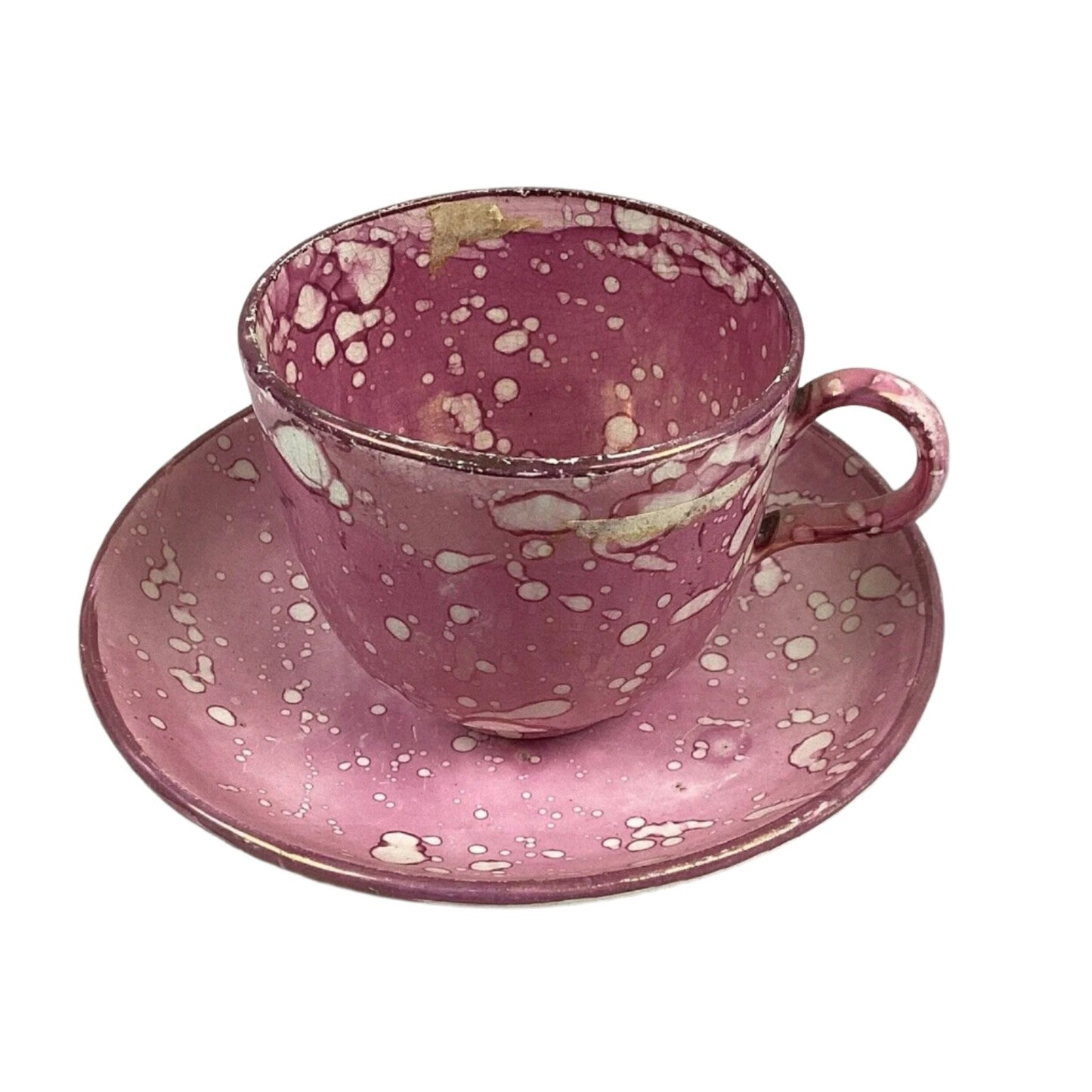 Antique Rare 1800’s Pink Staffordshire Oil Splash Luster Teacup Saucer Set