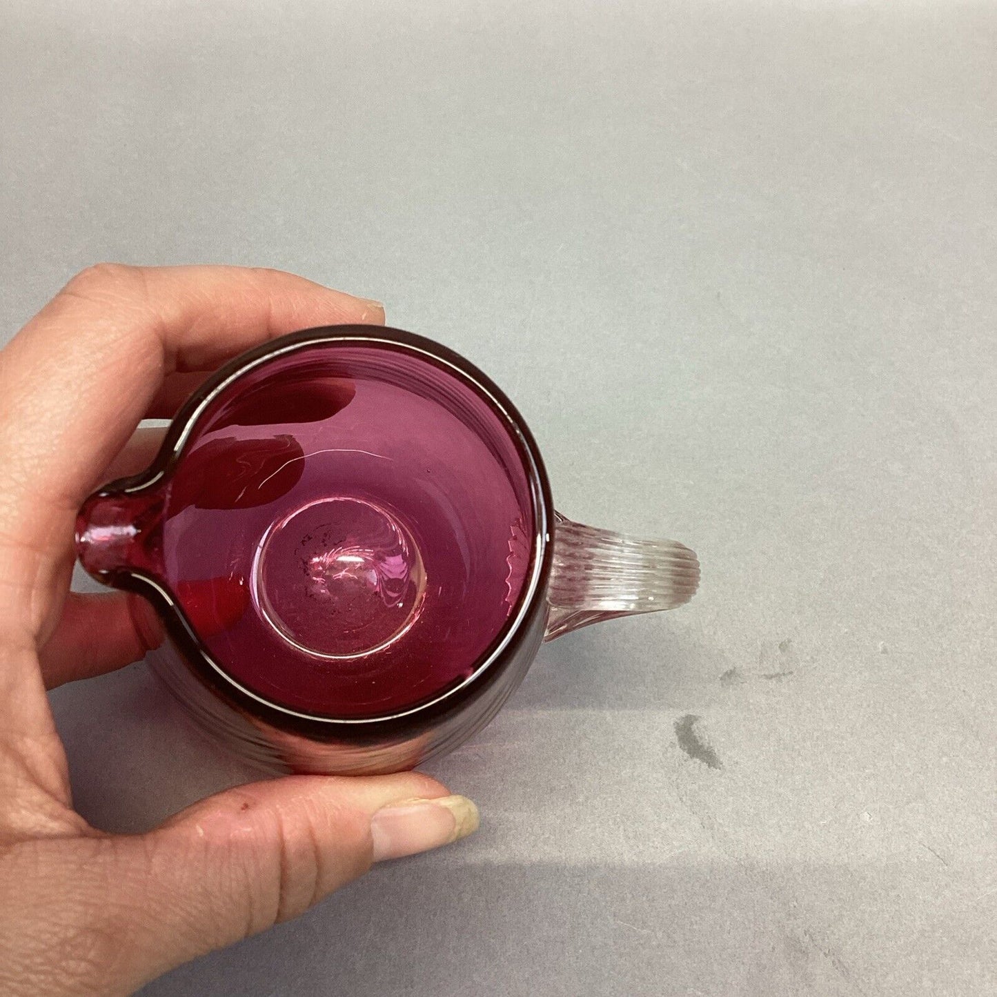 Vintage Pilgrim Cranberry Glass Applied Handle Small Pitcher - 3 7/8”H