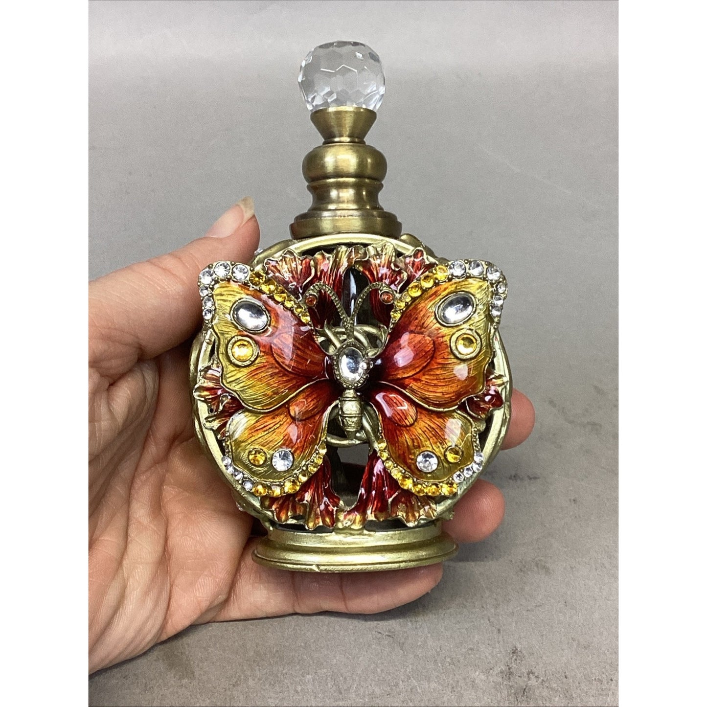 Becky Horton Antique Perfume Bottle With Butterfly & Rhinestones - Empty