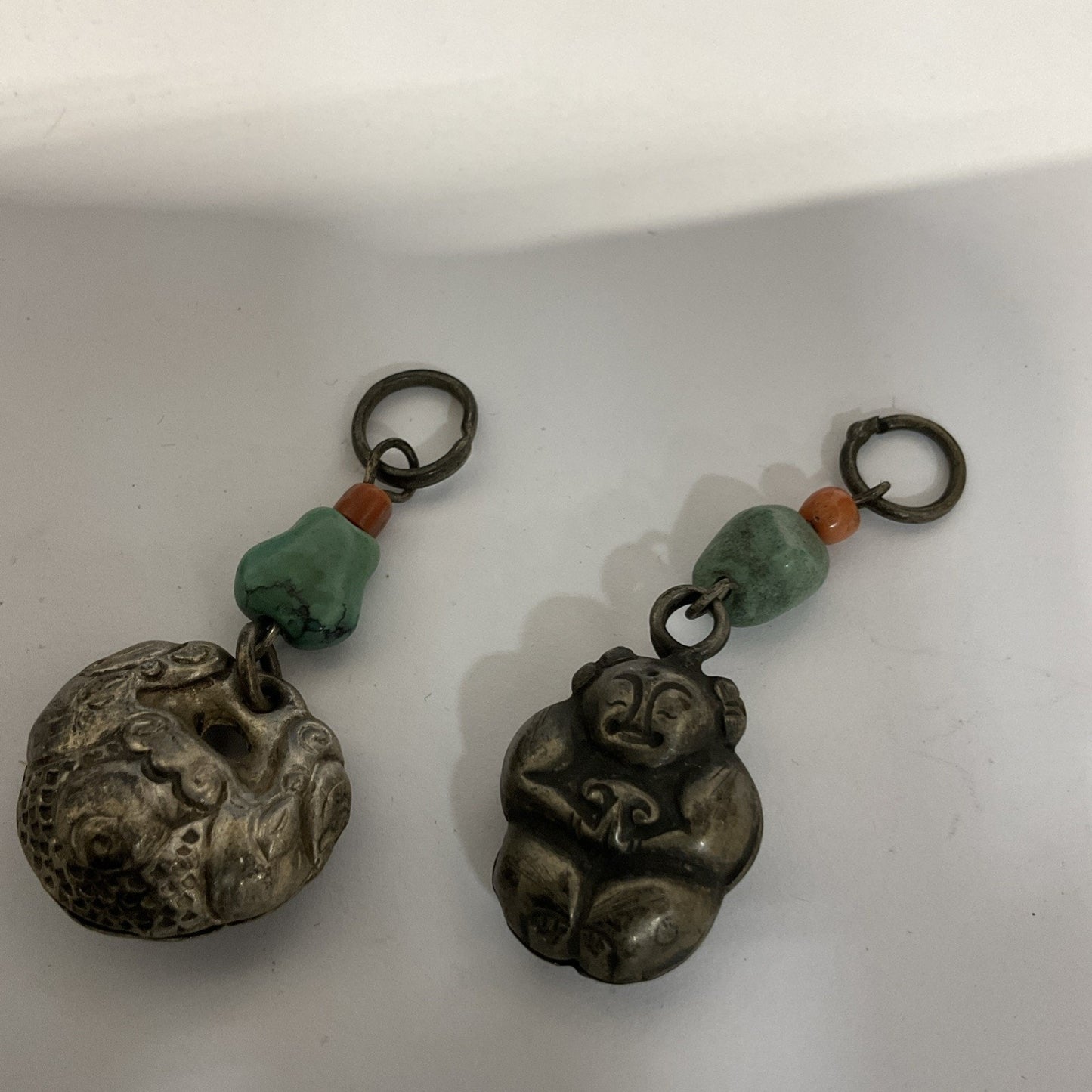 2 Antique Chinese Silver Charm/Pendants/With Turquoise & Coral Adornments