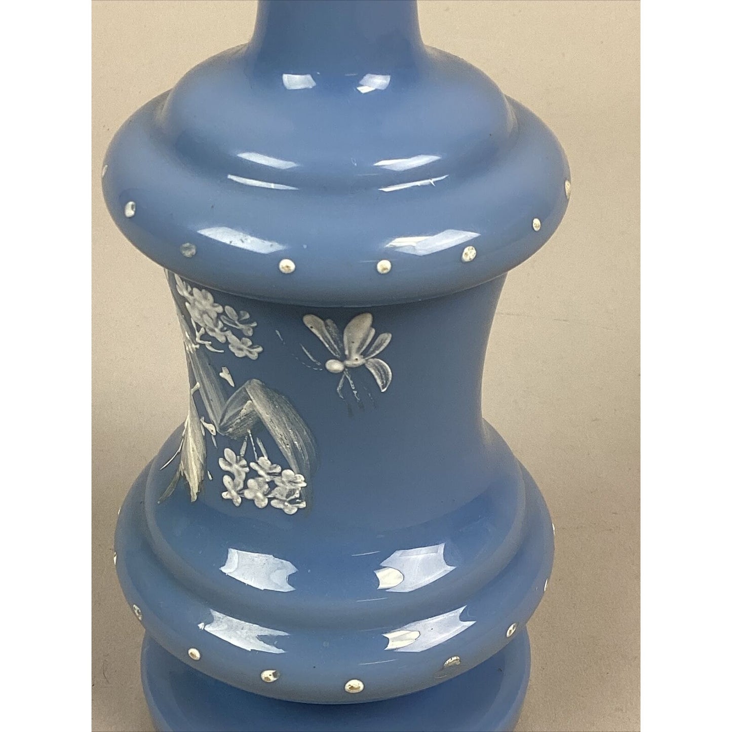 Vintage Blue Cologne Bottle Decanter White Enamel Florals Hand Painted - 8.5”H