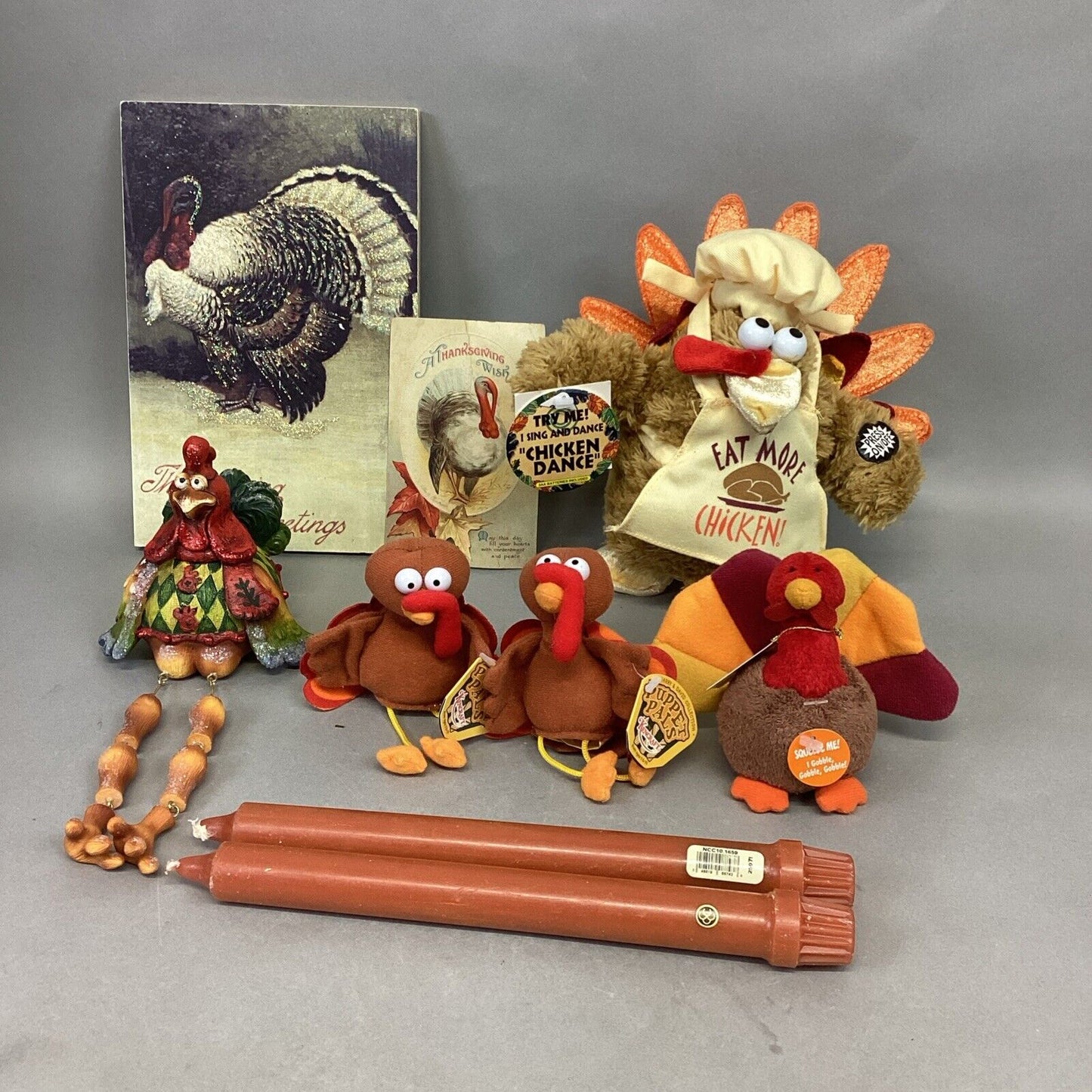 Lot Of 9 Turkey Thanksgiving Decor - Plaque, Shelf Sitter, 2 Puppets, 2 Plushes