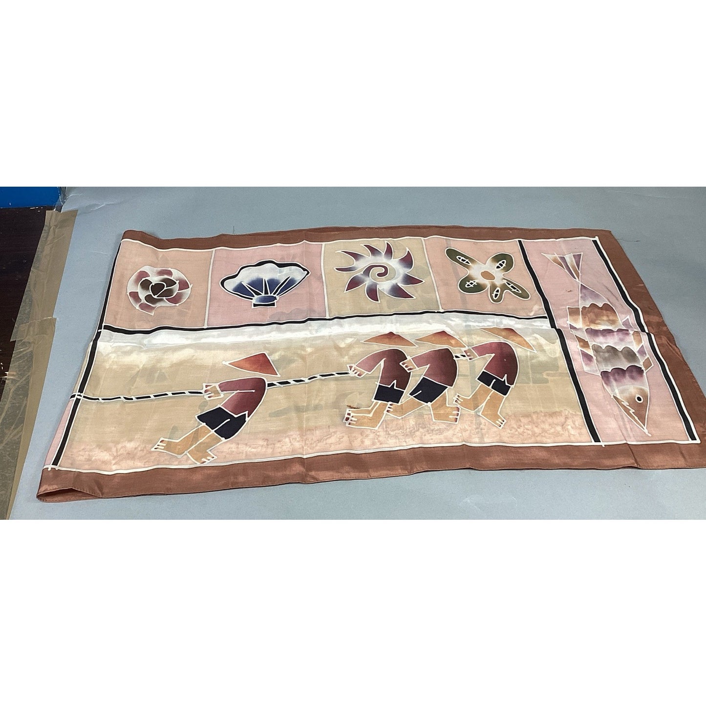100% Silk Beach Themed Scarf W/ Shells, Fish And Fishermen - 60x16”