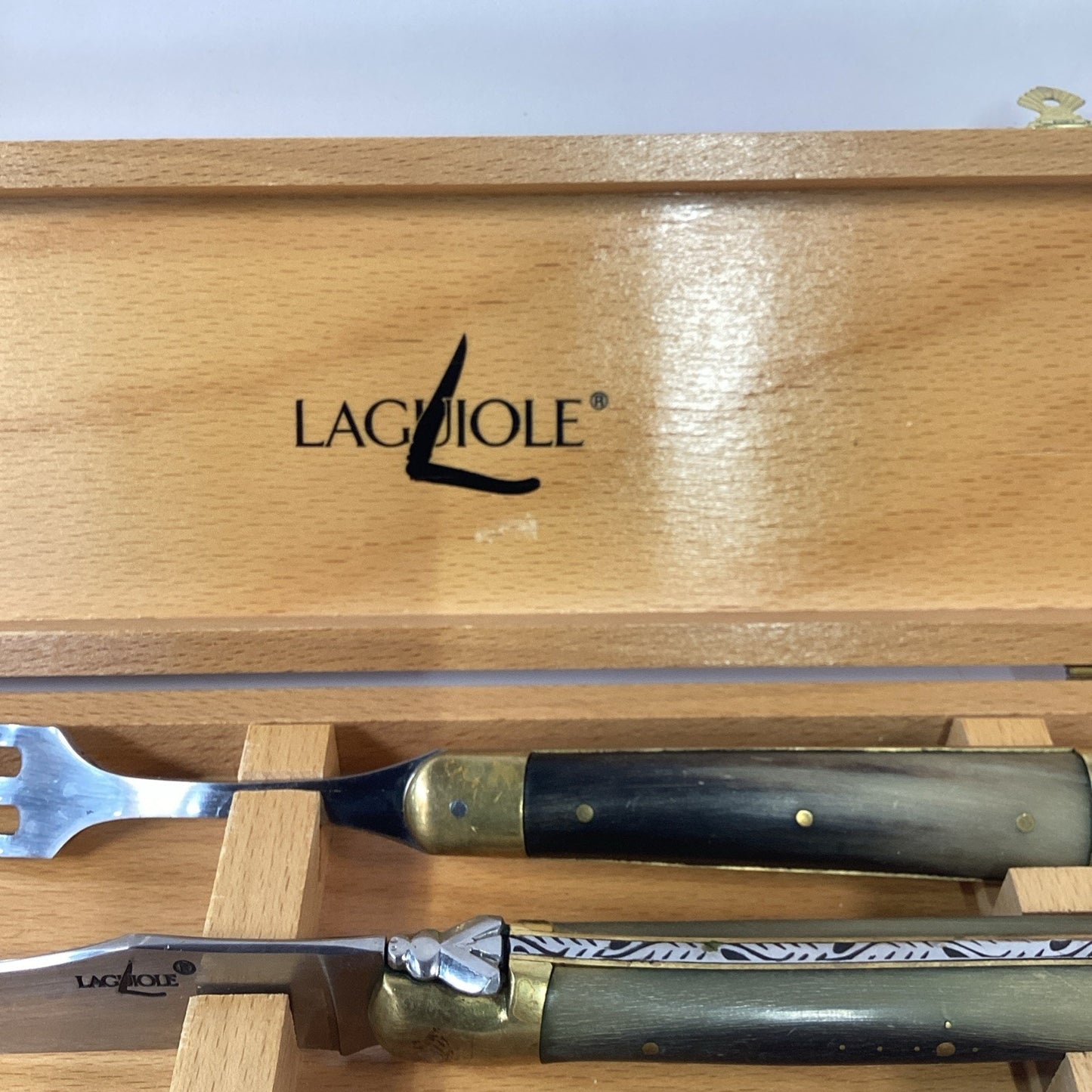 VTG Laguiole France Carving Knife & Fork Set- Natural Horn - Brass Handle W/ Box
