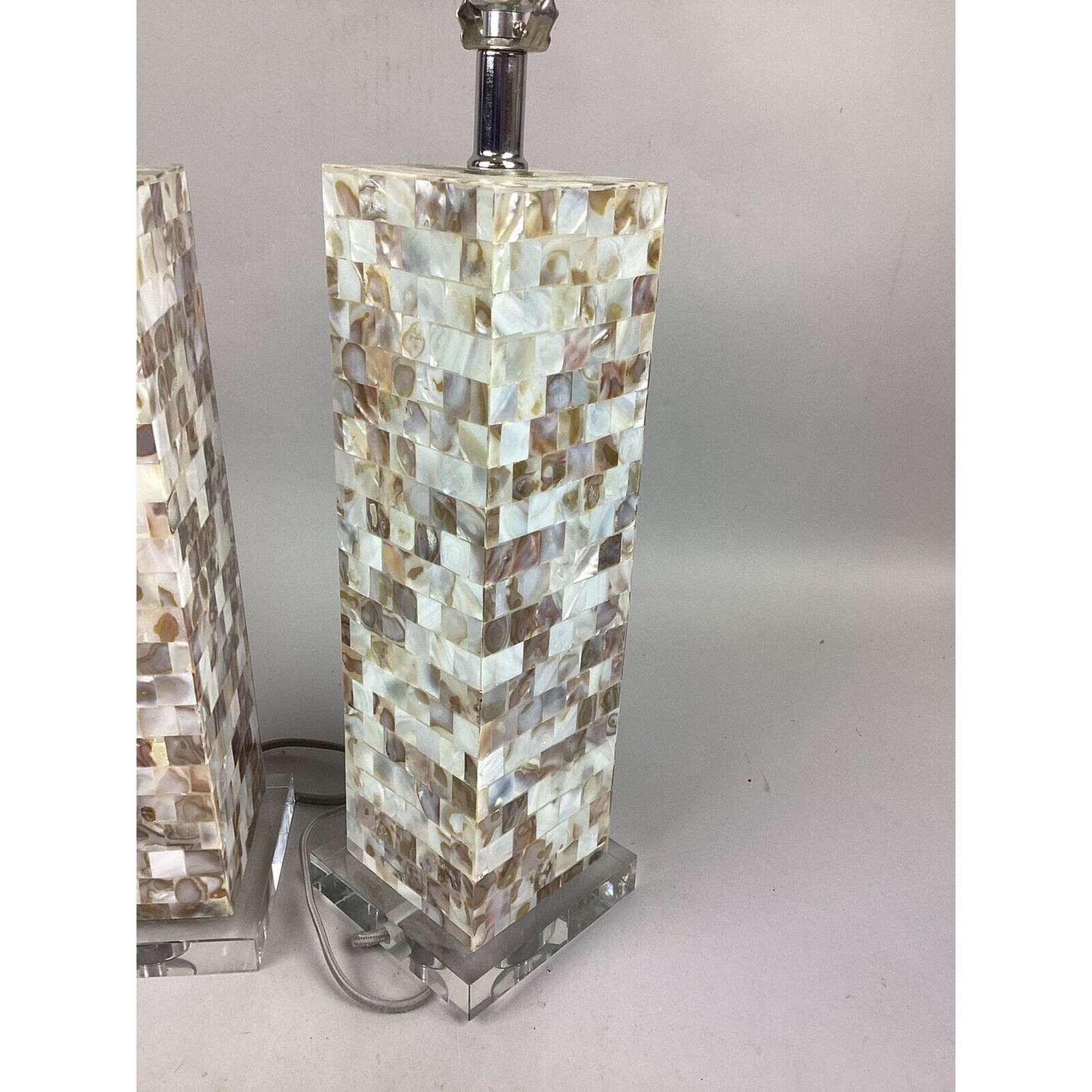 Set Of 2 Mother Of Pearl Mosaic Shell Prism Table Lamps With Crystal Base 21.5”H