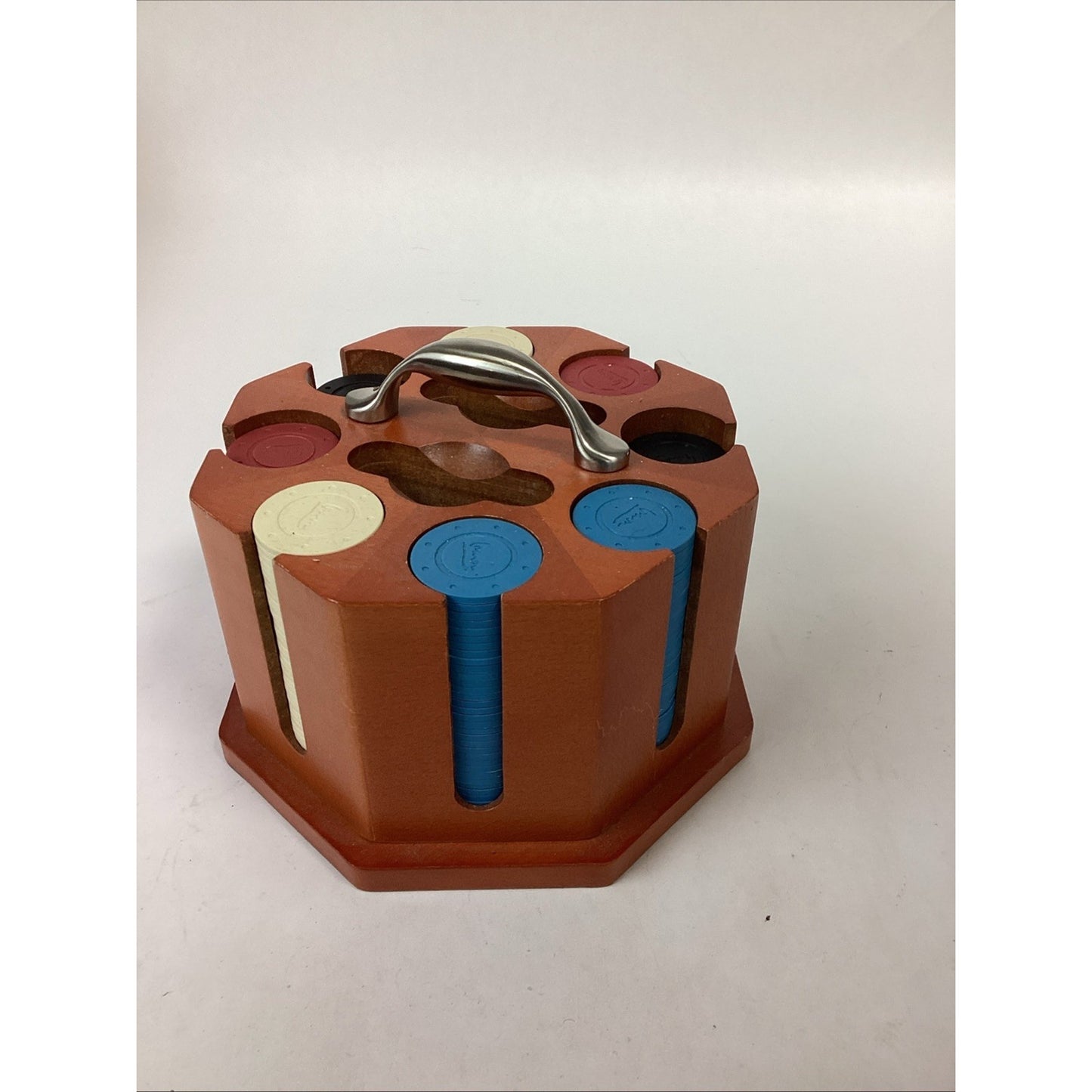 POKER CHIP Caddy In Wood Carousel 8 Slot, 2 Deck Holder, Chips Included