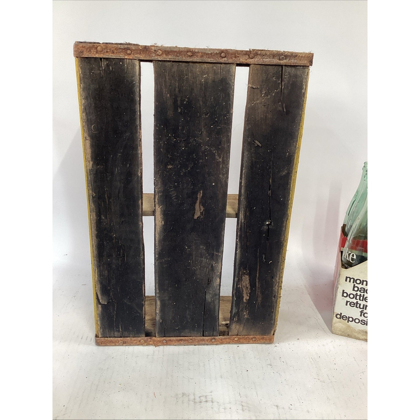 Vintage 1968 Wooden Coca Cola Yellow Wood Crate W/ 6 Bottles In Holder - SC