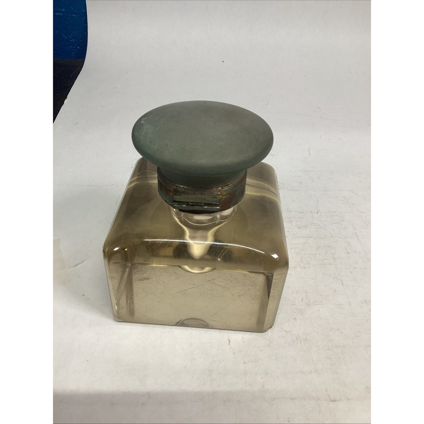 Antique Large 1910 English Glass Inkwell - Crystal & Nickel Over Brass