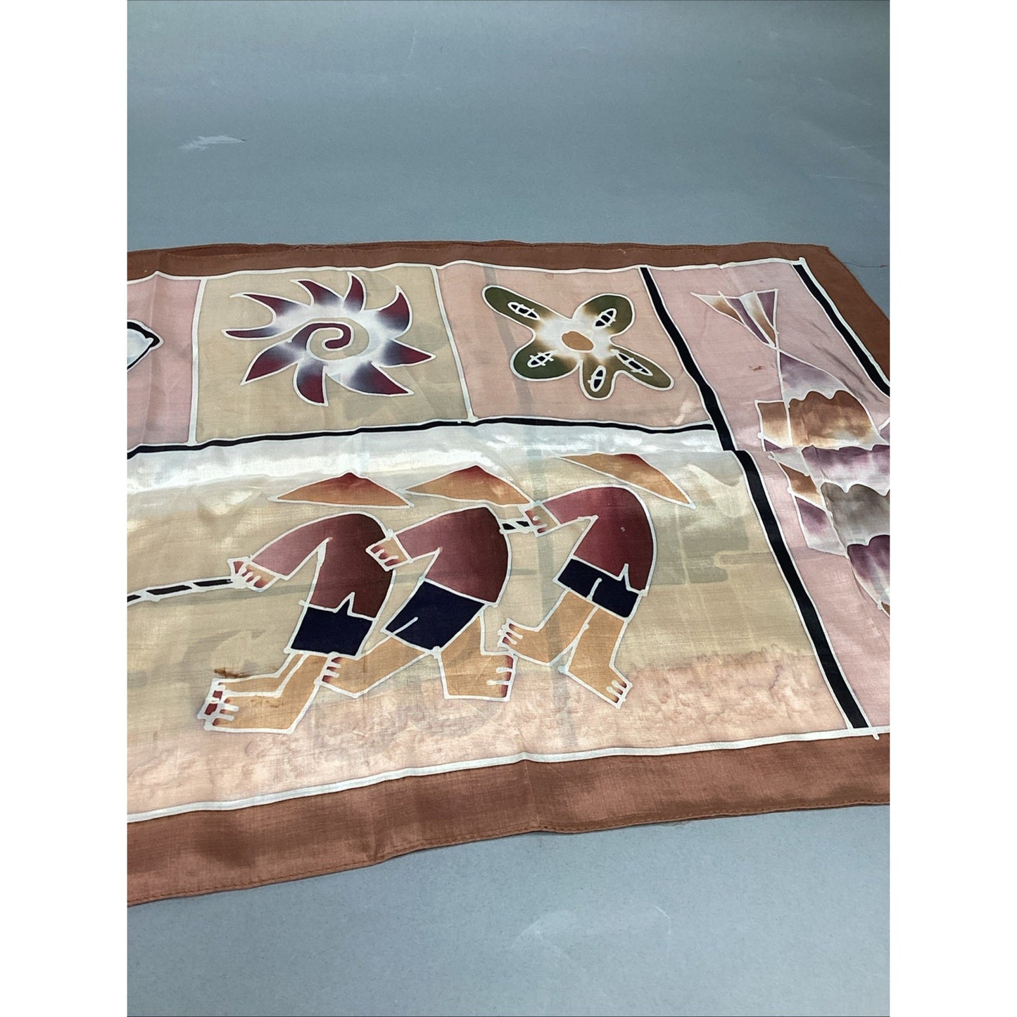 100% Silk Beach Themed Scarf W/ Shells, Fish And Fishermen - 60x16”