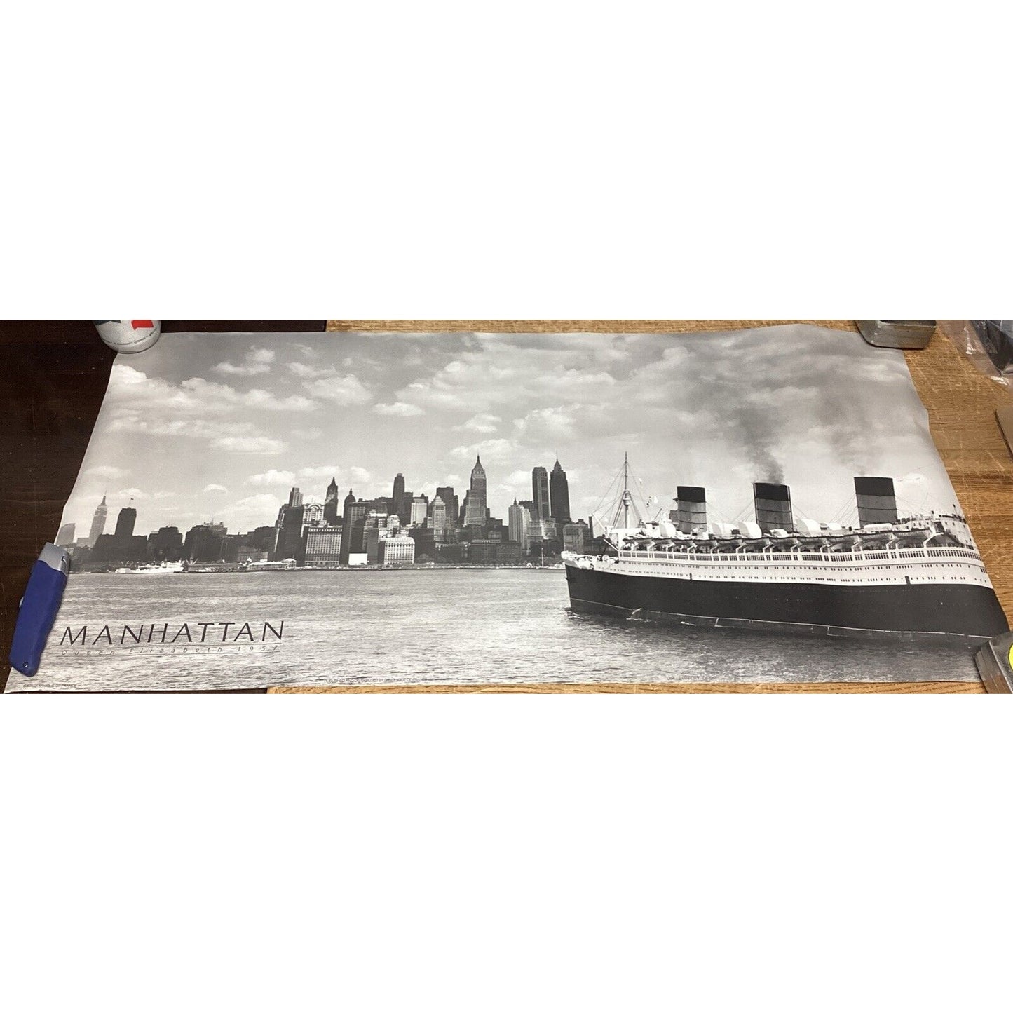 QUEEN Elizabeth Ocean Liner W/ Manhattan Skyline 1957- 39x19.5” - Made in France