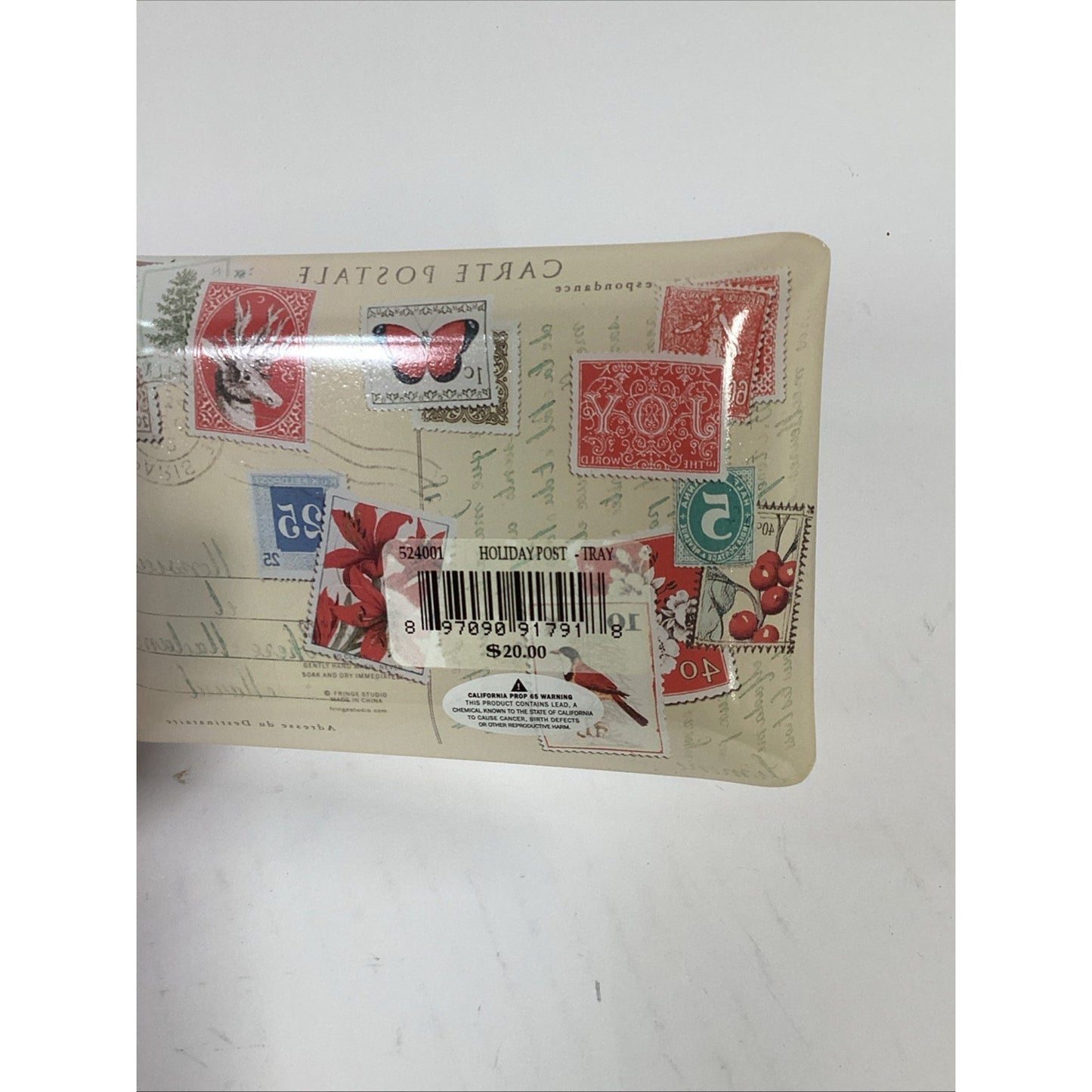 Fringe Studio Postcard Glass Trinket Tray Dish Small 4" x 6" Foreign Stamps