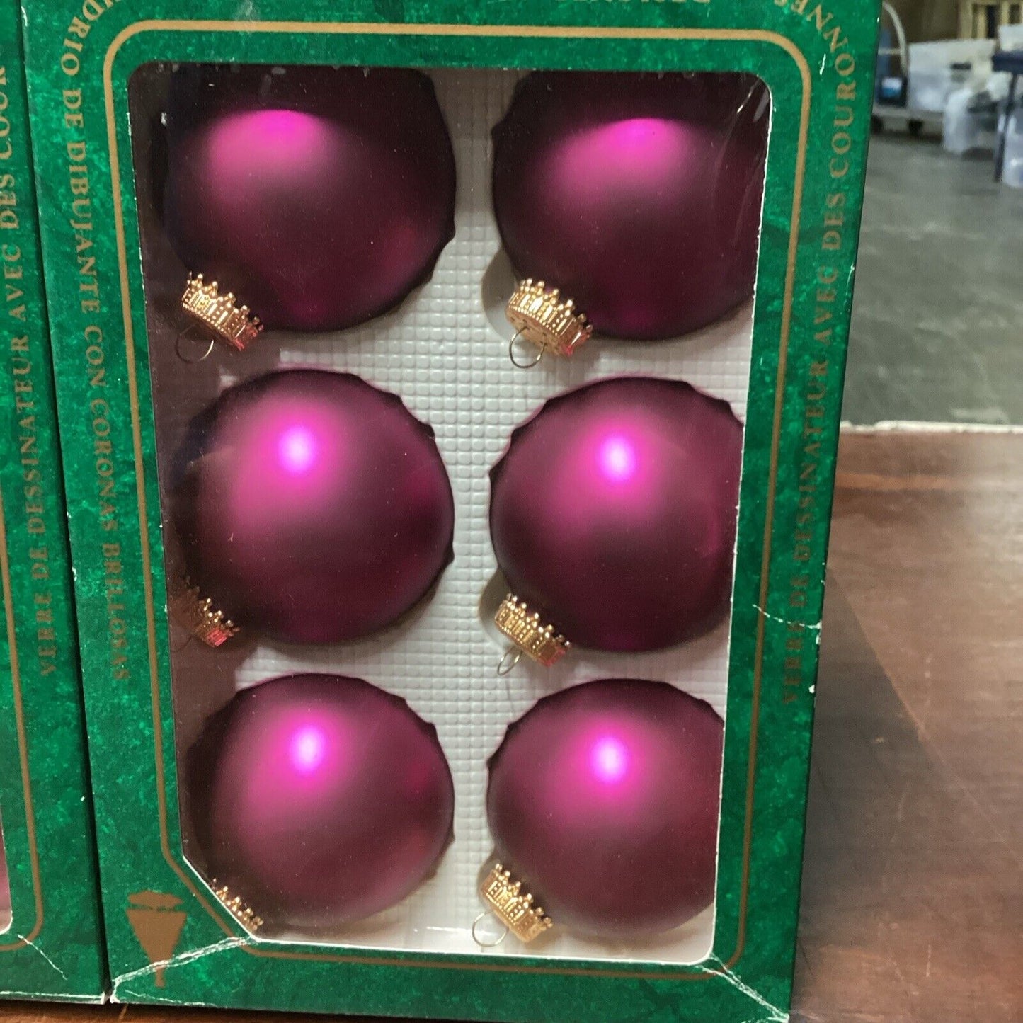 6 KREBS Christmas Glass BALL Ornaments SATIN Burgundy Red/Purple Wine 2.6" W/Box