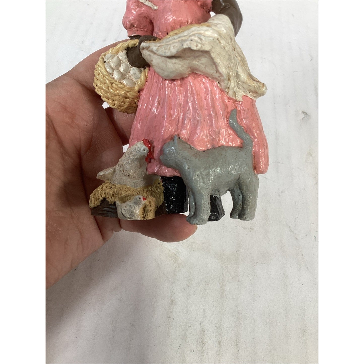 Vintage African American Woman Farmer Gathering Eggs Hen Cat Resin Figurine