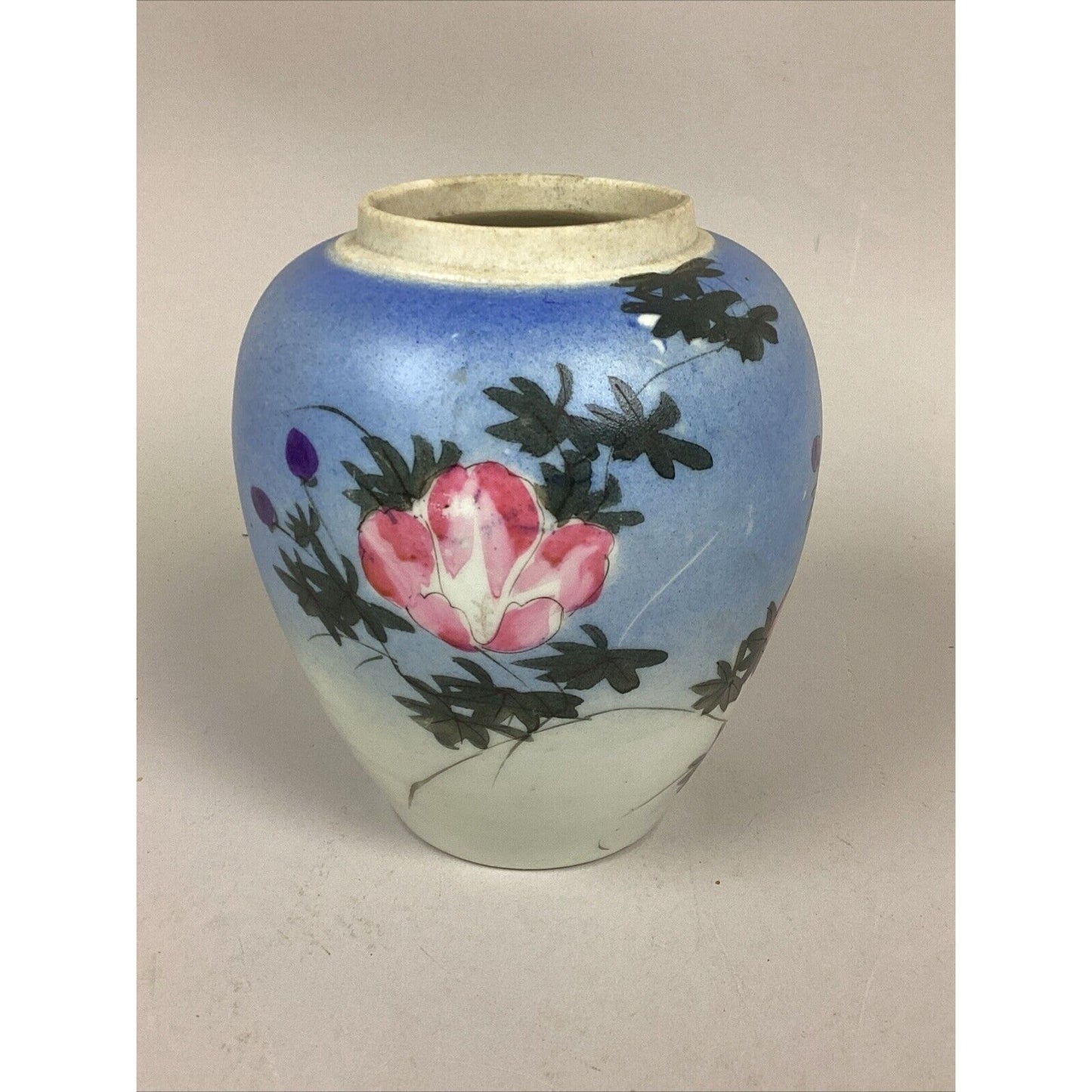 Antique Japanese Floral Vase With Pink/Purple Flowers & Flying Birds - 6 3/4”H