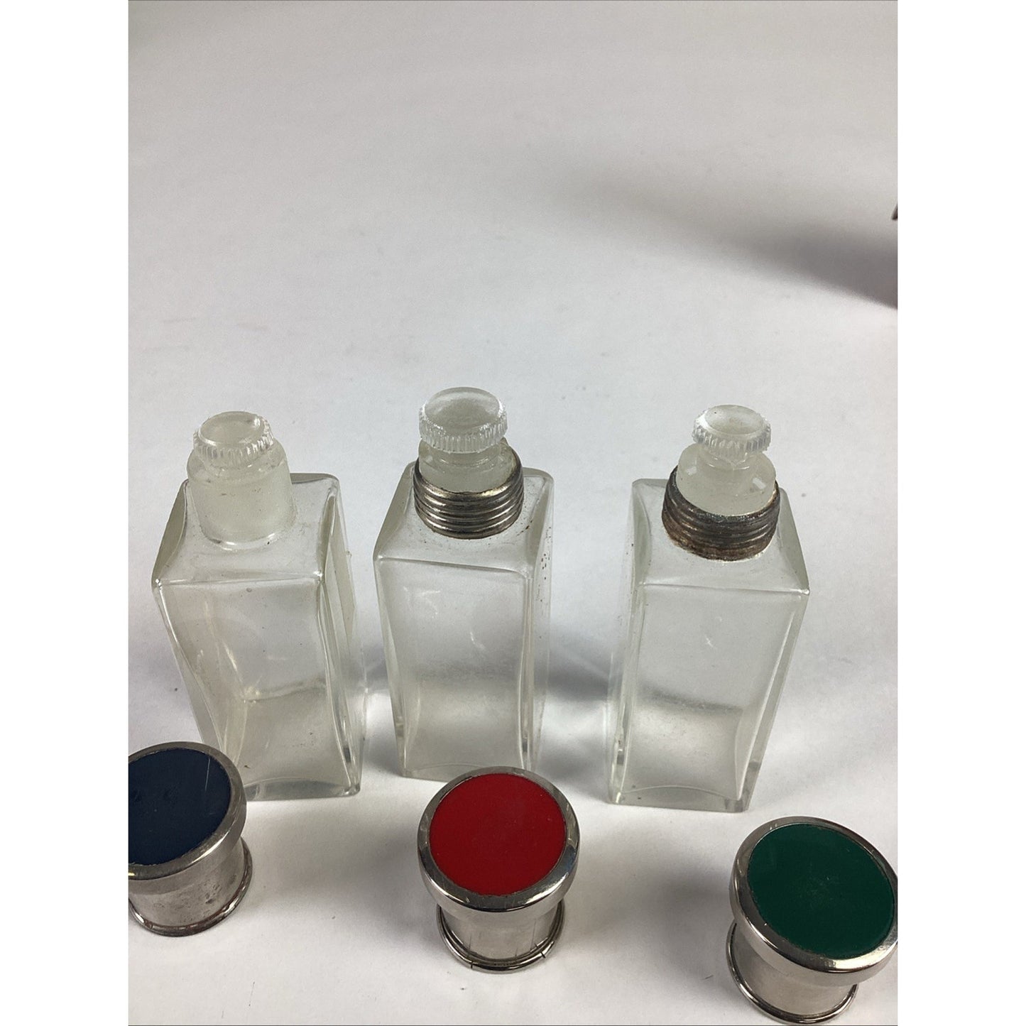 Antique Enamel Guilloche Men’s Travel Cologne (Empty) Bottles W/ Leather Case