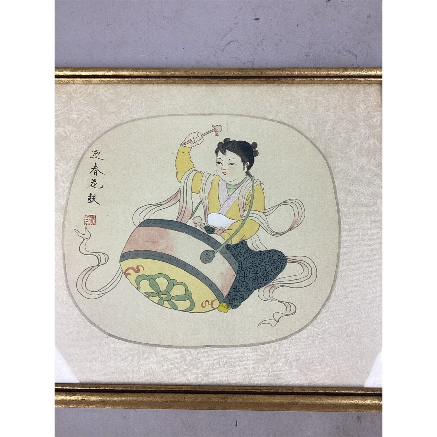 Antique Chinese Watercolor Painting On Silk - Girl Playing Drums