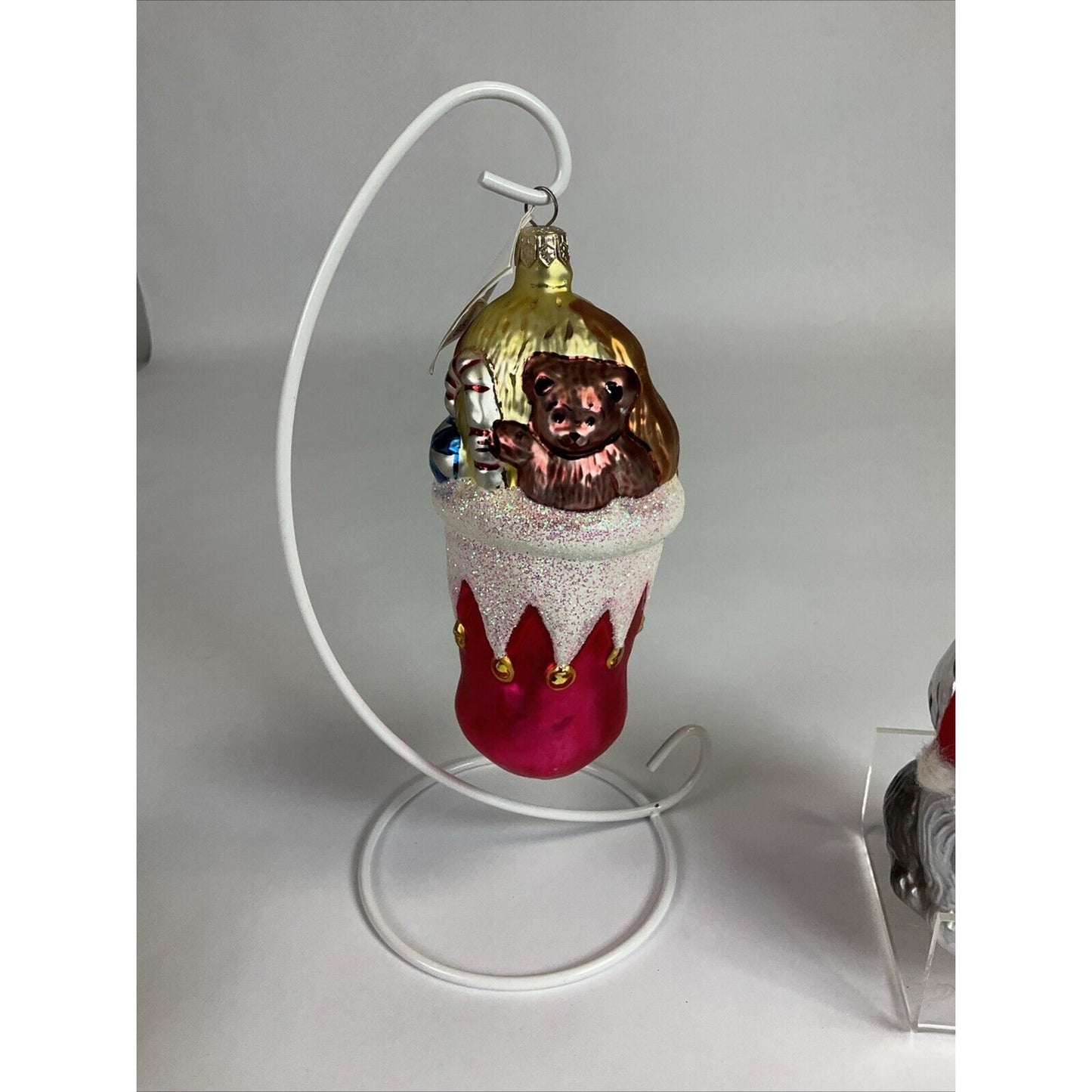 Radko Christmas Puppy Love Glass Ornament Dog Stocking + Santa Hat Dog