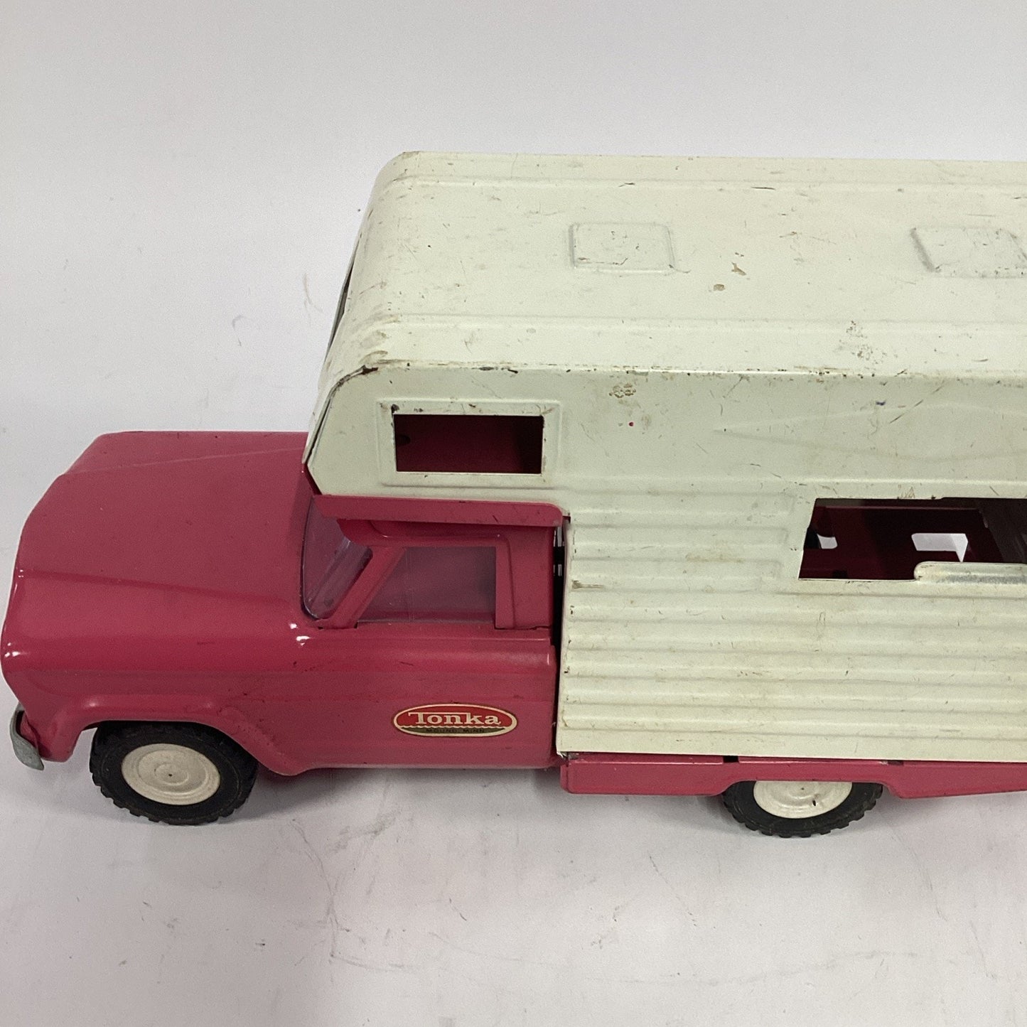 Vintage 1960's Tonka Jeep Camper Pink Pressed Steel Truck and Camper