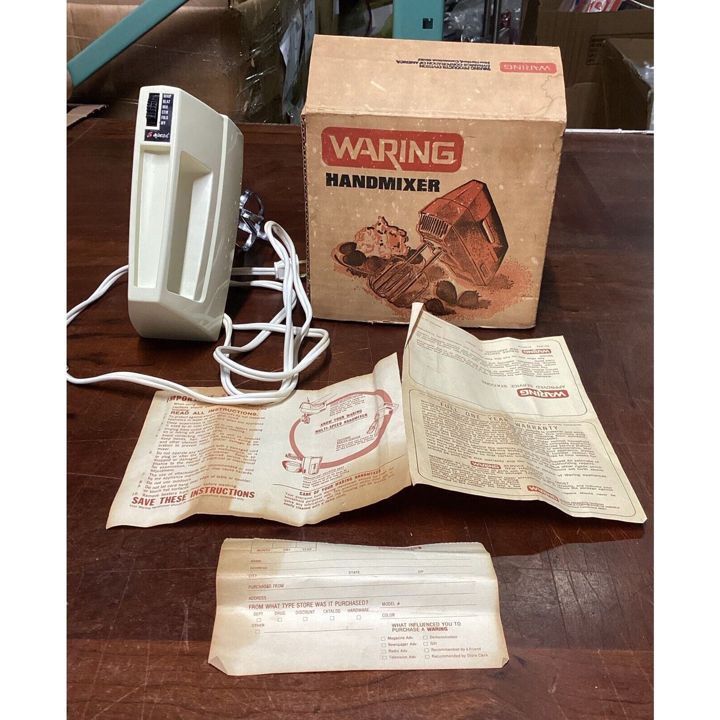 Vintage Waring Hand Mixer W/ 2 Beaters, Original Box & Instructions