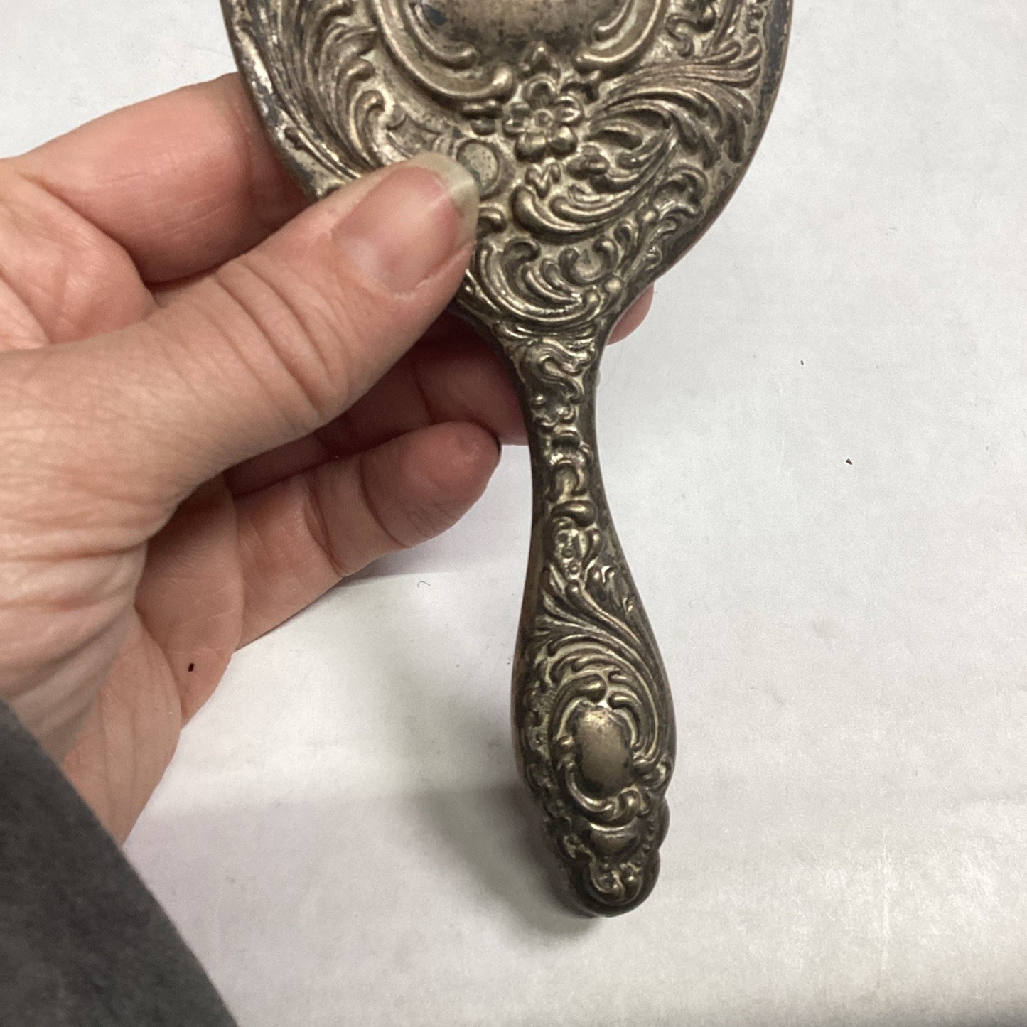 Antique Silver Plated Ornate Mirror - 6.5”L