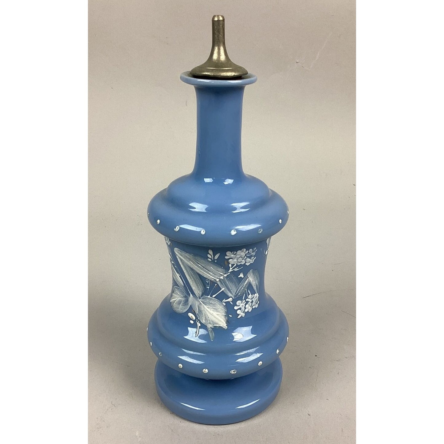 Vintage Blue Cologne Bottle Decanter White Enamel Florals Hand Painted - 8.5”H