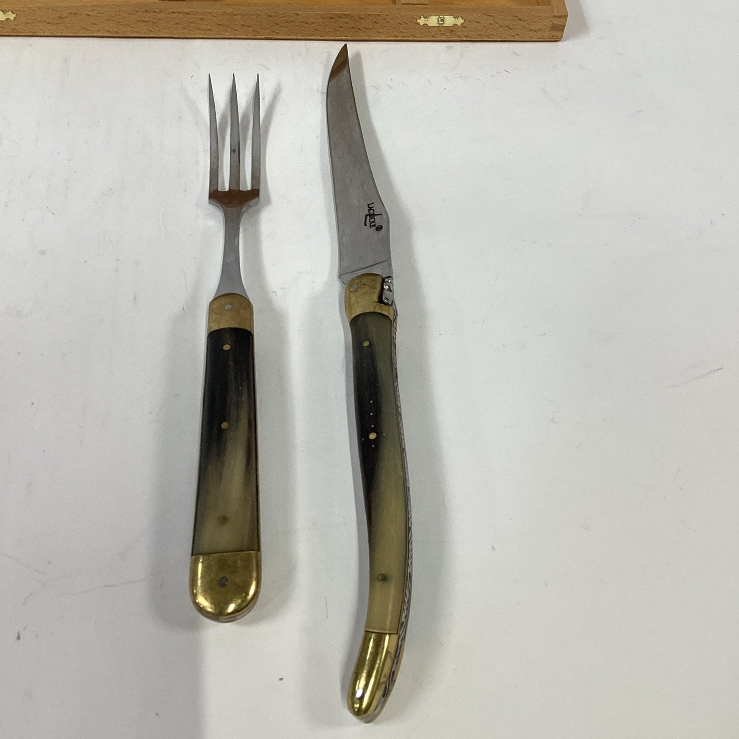 VTG Laguiole France Carving Knife & Fork Set- Natural Horn - Brass Handle W/ Box