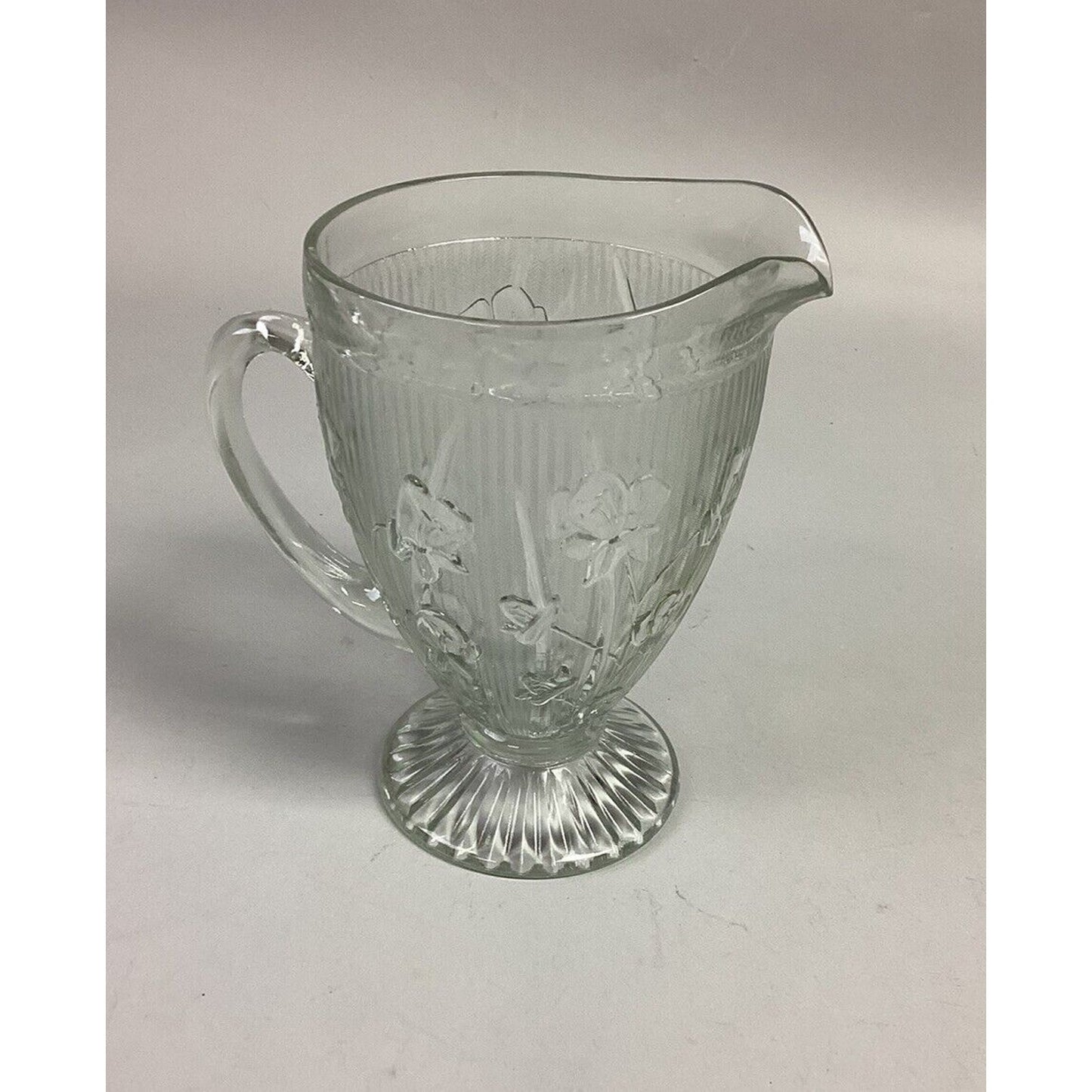 Vintage Crystal Iris & Herringbone 9" Footed Jeannette Pitcher - 1928-1932