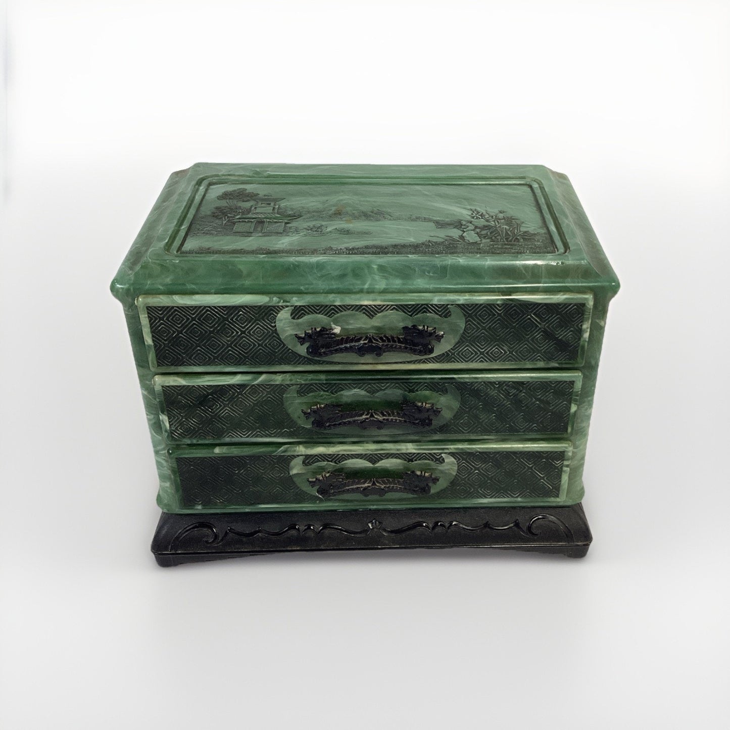 Vintage Green Marbled Celluoid Chinese Style Jewelry Box 3-Drawer