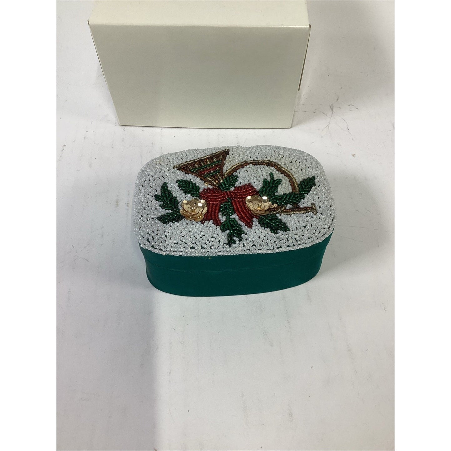 Vintage Sealfons Christmas Beaded Trinket Keepsake Box W/ Lid & Original Box
