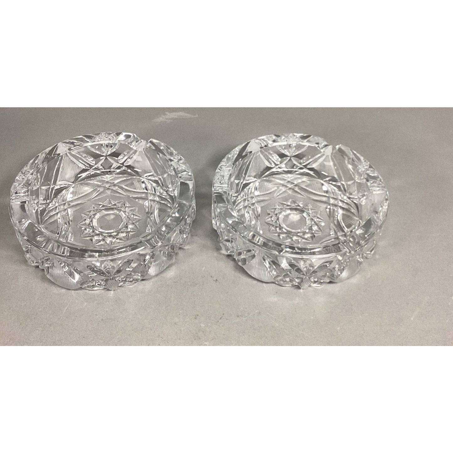 Set Of 2 Vintage Large Heavy Cut Glass Crystal Ashtrays - 6”D