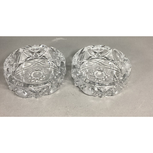 Set Of 2 Vintage Large Heavy Cut Glass Crystal Ashtrays - 6”D