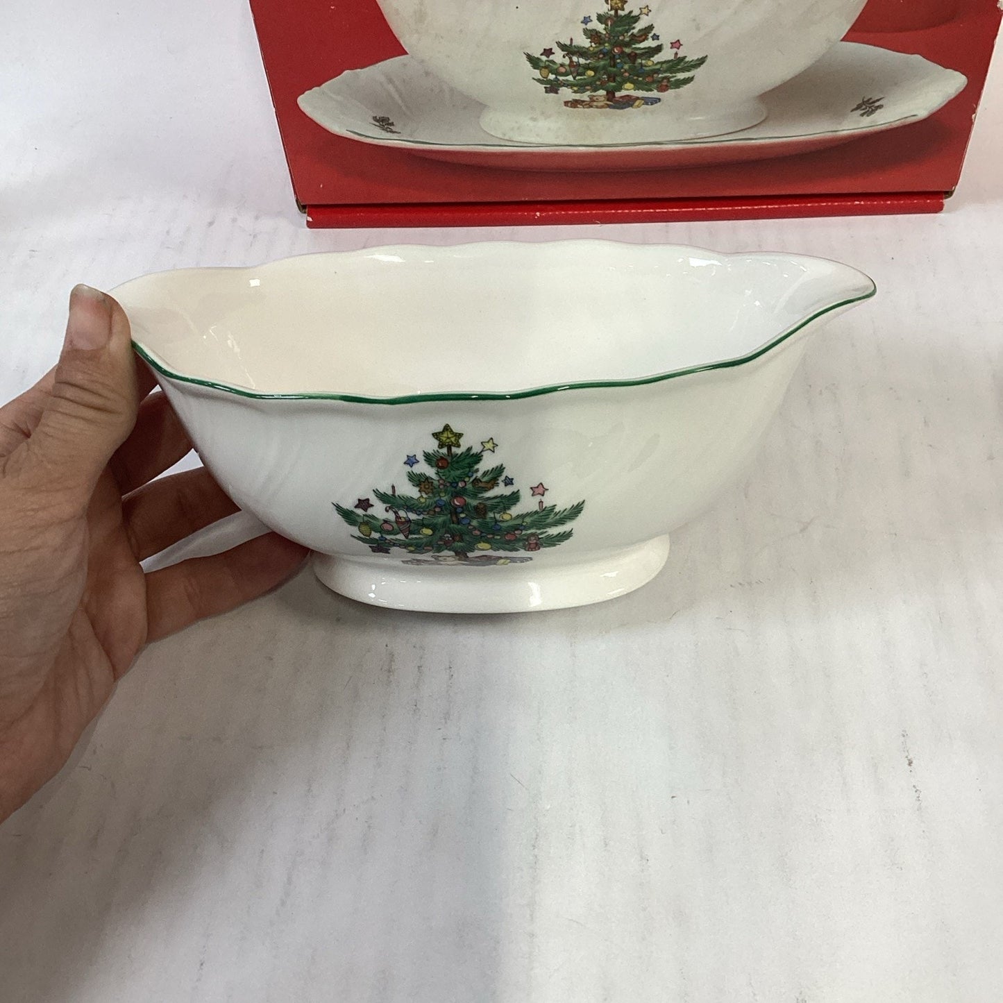 Nikko Christmas Tree Gravy Sauce Boat, Stand And Original Box