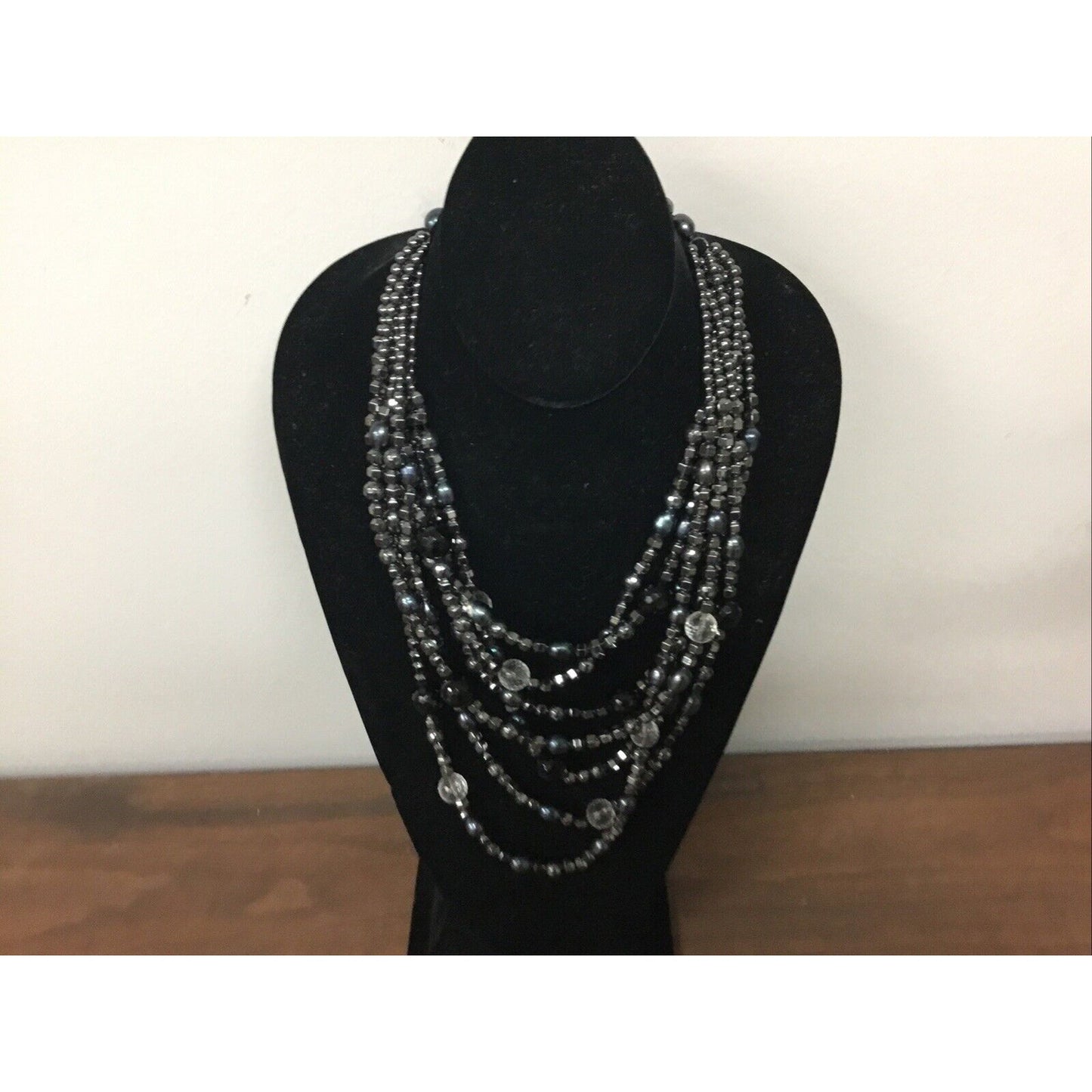 Jewelry Vintage Clear and Jet Rhinestone Necklace 13”