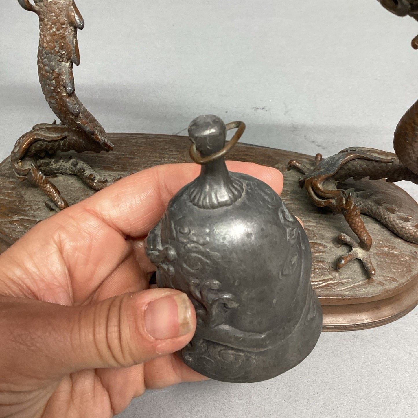Vintage Chinese Bronze Dragons W/ Suspended Bell Statue Figurine - 8.5x3.5x7”