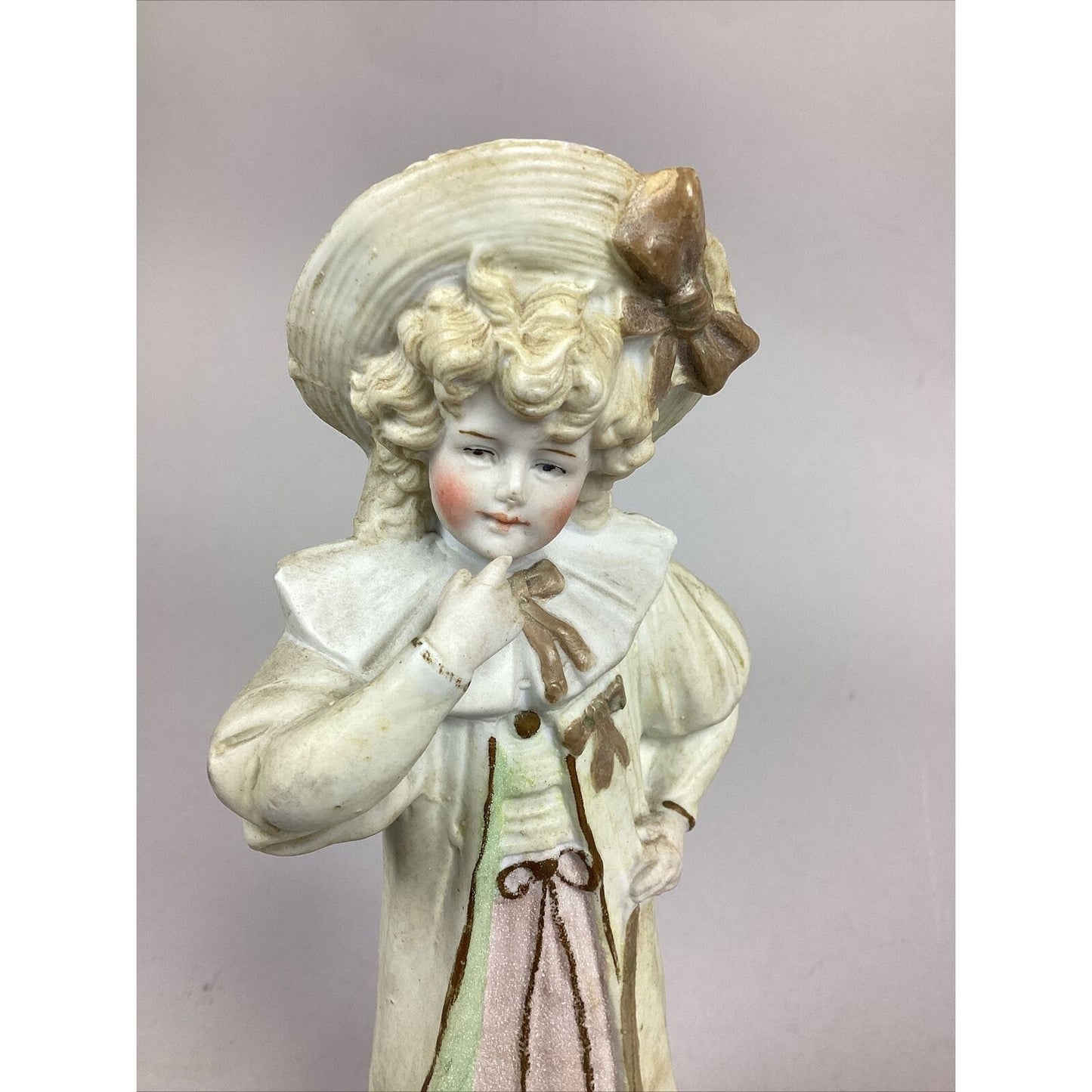 Antique Bisque Porcelain Figurine Of A Young Child And A Dog - 9”H