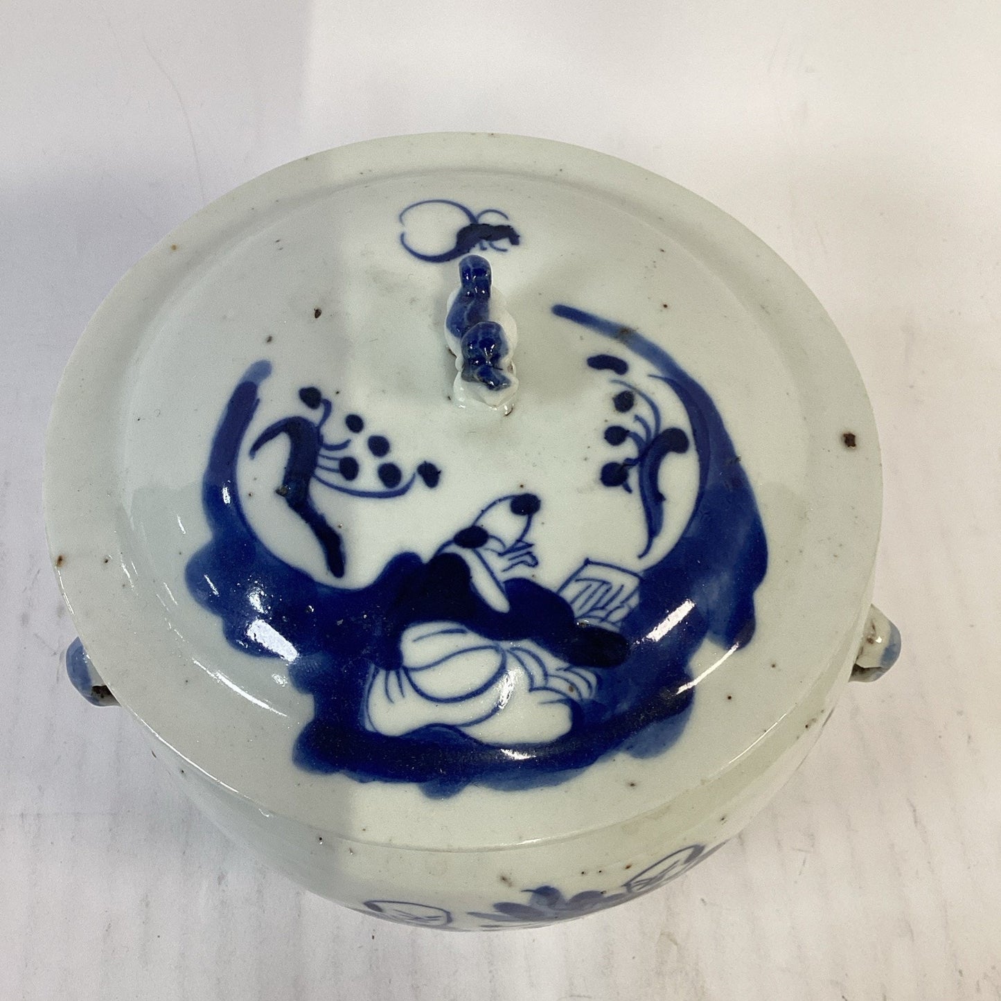 Antique 1851-1861 Chinese Blue And White Porcelain Kamcheng Covered Jar Qing Dyn