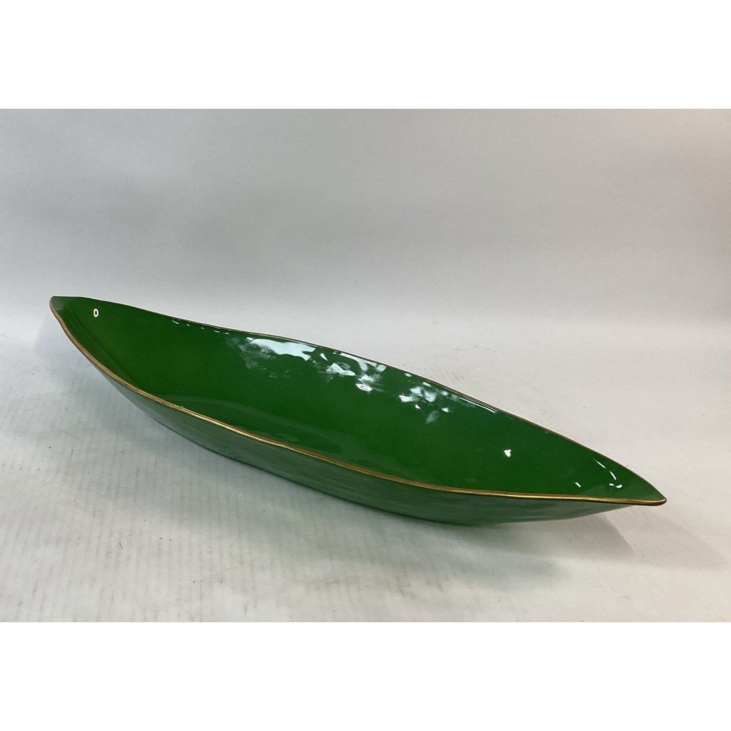 VTG MCM Green Glass Gondola Bowl Large Canoe Centerpiece W/ Gold Trim - 26.5”L