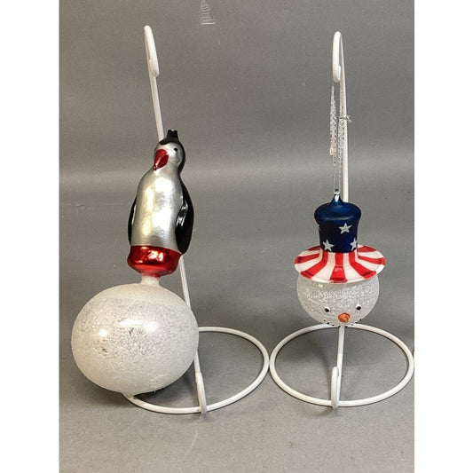 Penguin On Ball Glass Ornament (missing topper) & Patriotic Glass Snowman